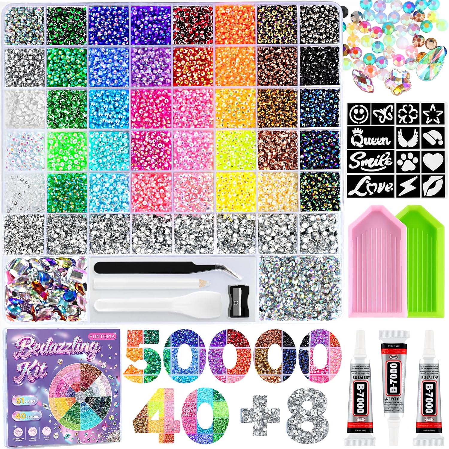 50000pcs Rhinestones for Bedazzling, 51 Grids Bedazzler Kit with Rhinestone