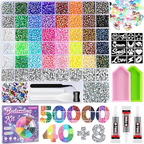 50000pcs Rhinestones for Bedazzling, 51 Grids Bedazzler Kit with Rhinestone | Mixed Sizes Sliver and 3mm Resin Jelly Rhinestones, Flatback Gems, 13 Reusable Stencil, 3Pcs B7000 Glue for Nail Diamond Art