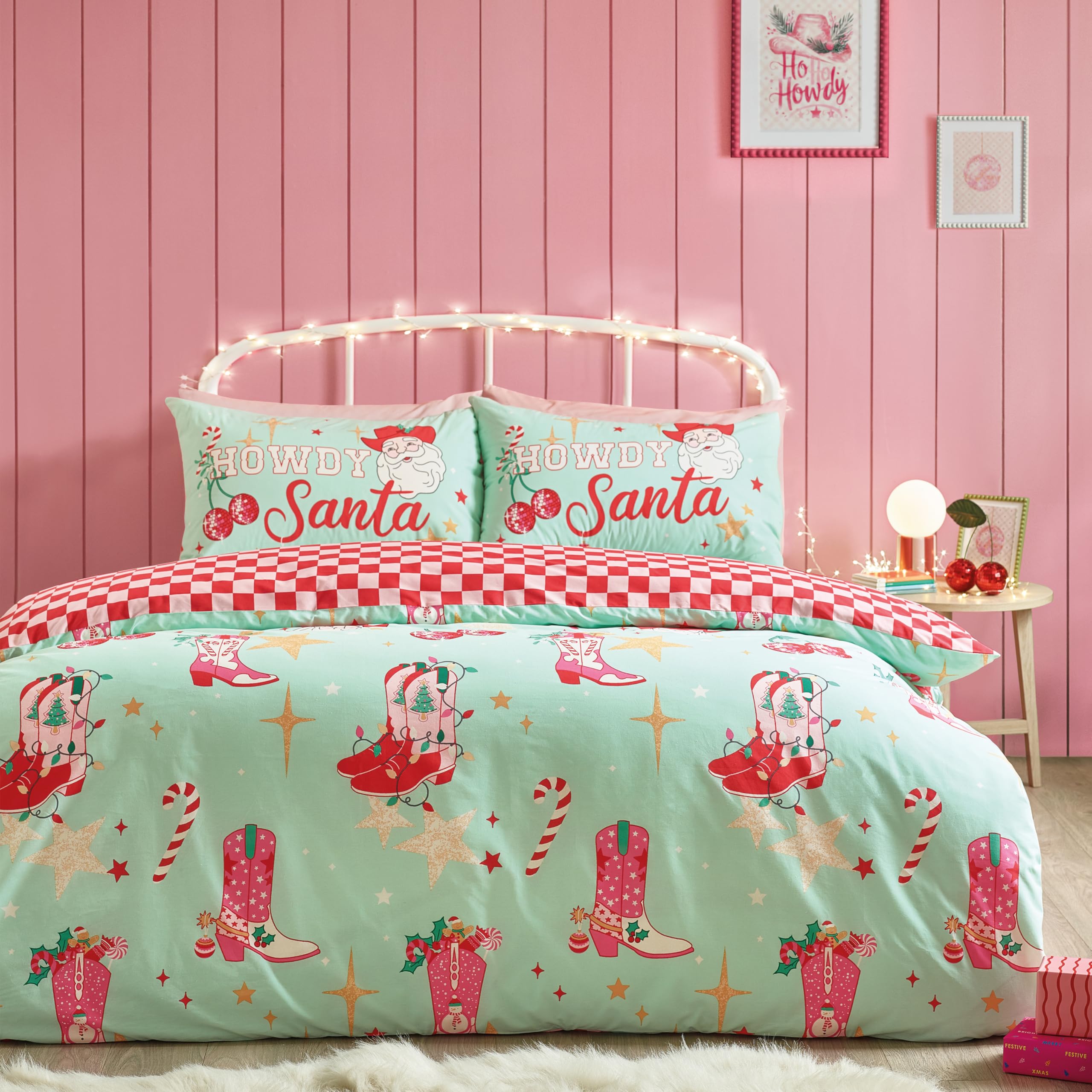 Catherine Lansfield Duvet Cover Set – Unisex 'Santa's Howdy Christmas' Reversible, Green (King)