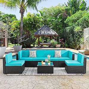 Shintenchi Wicker Rattan Outdoor Patio All Weather Furniture w/Removable Cushions - 7 Pieces Set: Sofa Set & Tea Table [Blue]