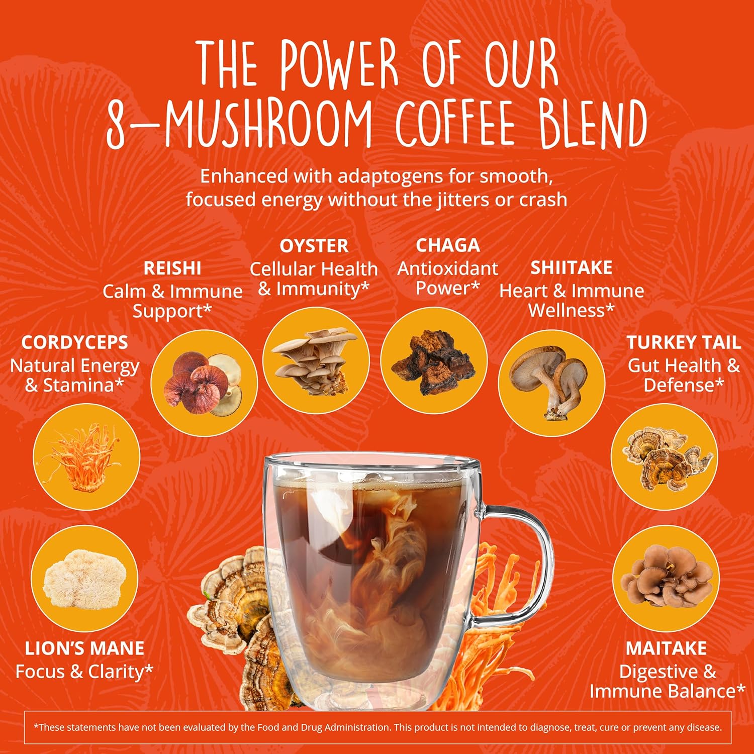Nootropic Mushroom Coffee Instant with 8 Mushrooms + Nootropic Adaptogen Stack | Lion’s Mane, Rhodiola, L-Theanine | Energy & Focus Instant Mushroom Coffee | Medium Roast, 30 Servings