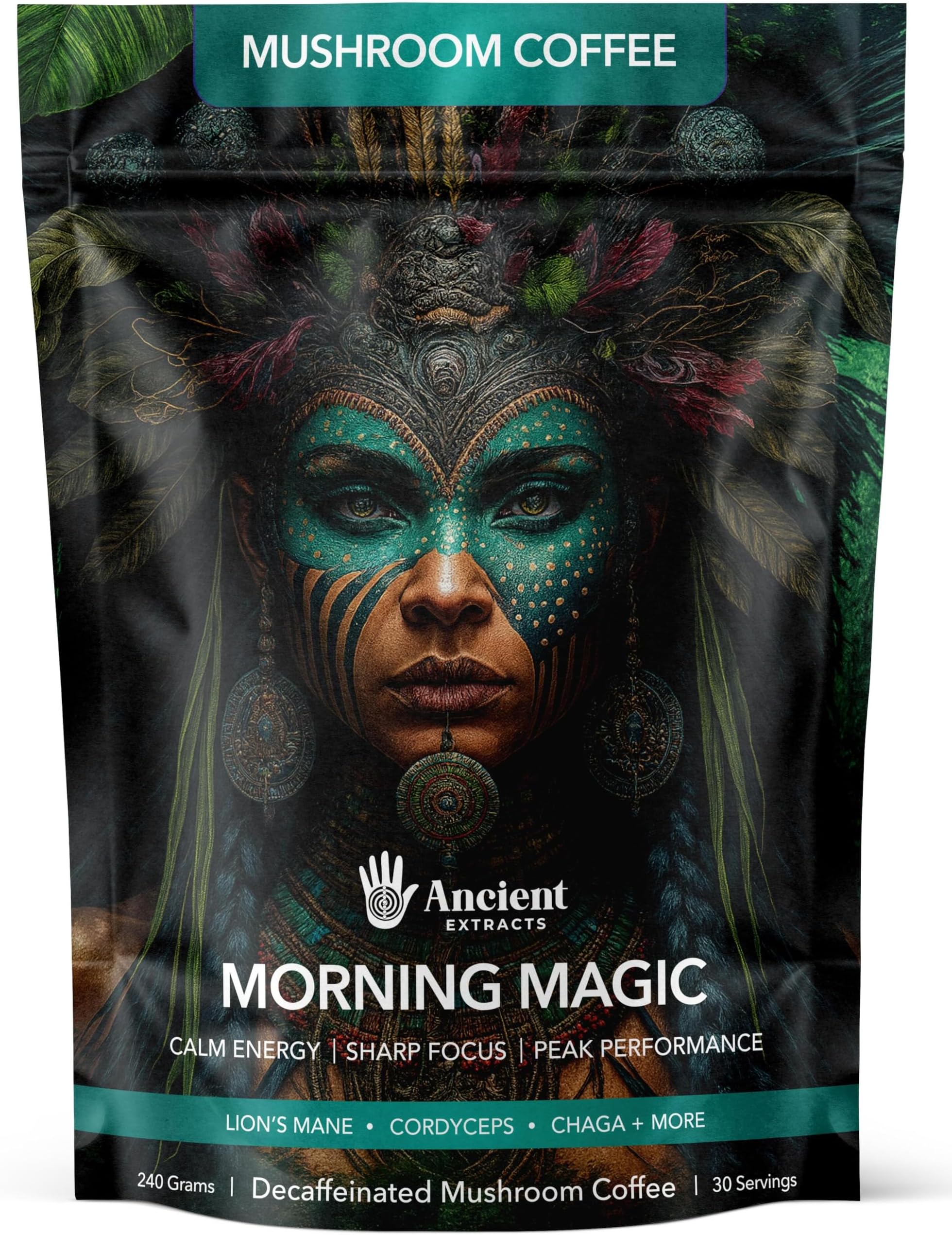 Ancient Extracts Morning Magic Mushroom Coffee (240g) | Decaf Arabica with Lions Mane, Cordyceps, Ashwagandha & Maca Root | 15:1 Extract Blend, 30% Beta Glucans | 100% Natural Coffee Alternative