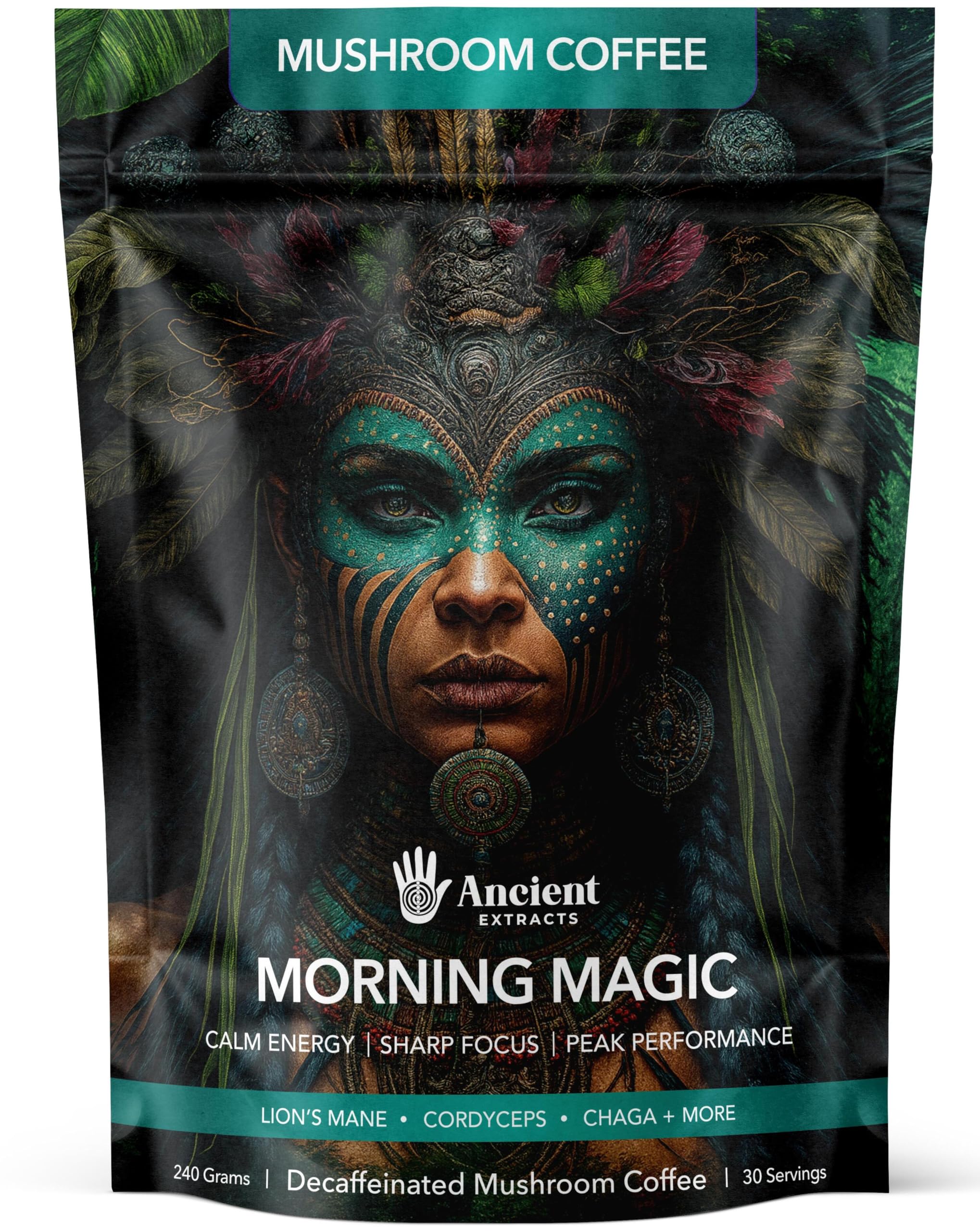 Morning Magic Mushroom Coffee (240g) | Decaf Arabica with Lions Mane, Cordyceps, Ashwagandha & Maca Root | 15:1 Extract Blend, 30% Beta Glucans | 100% Natural Coffee Alternative