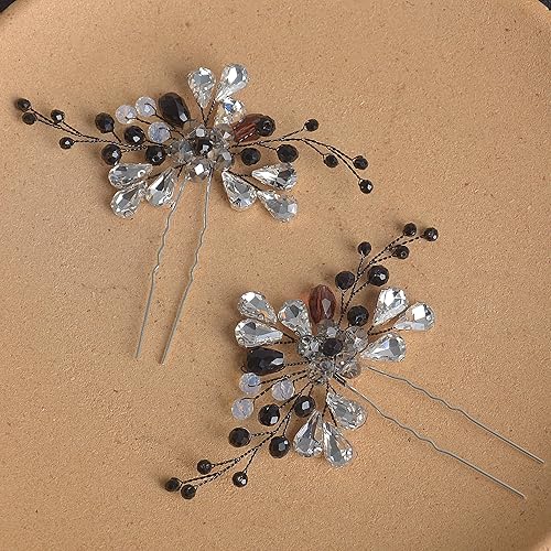 Miniatura 5 de Horquillas para el cabello de cristal negro, accesorios para el cabello de novia, 2 piezas de pelo de cristal, hechos a mano con diamantes de