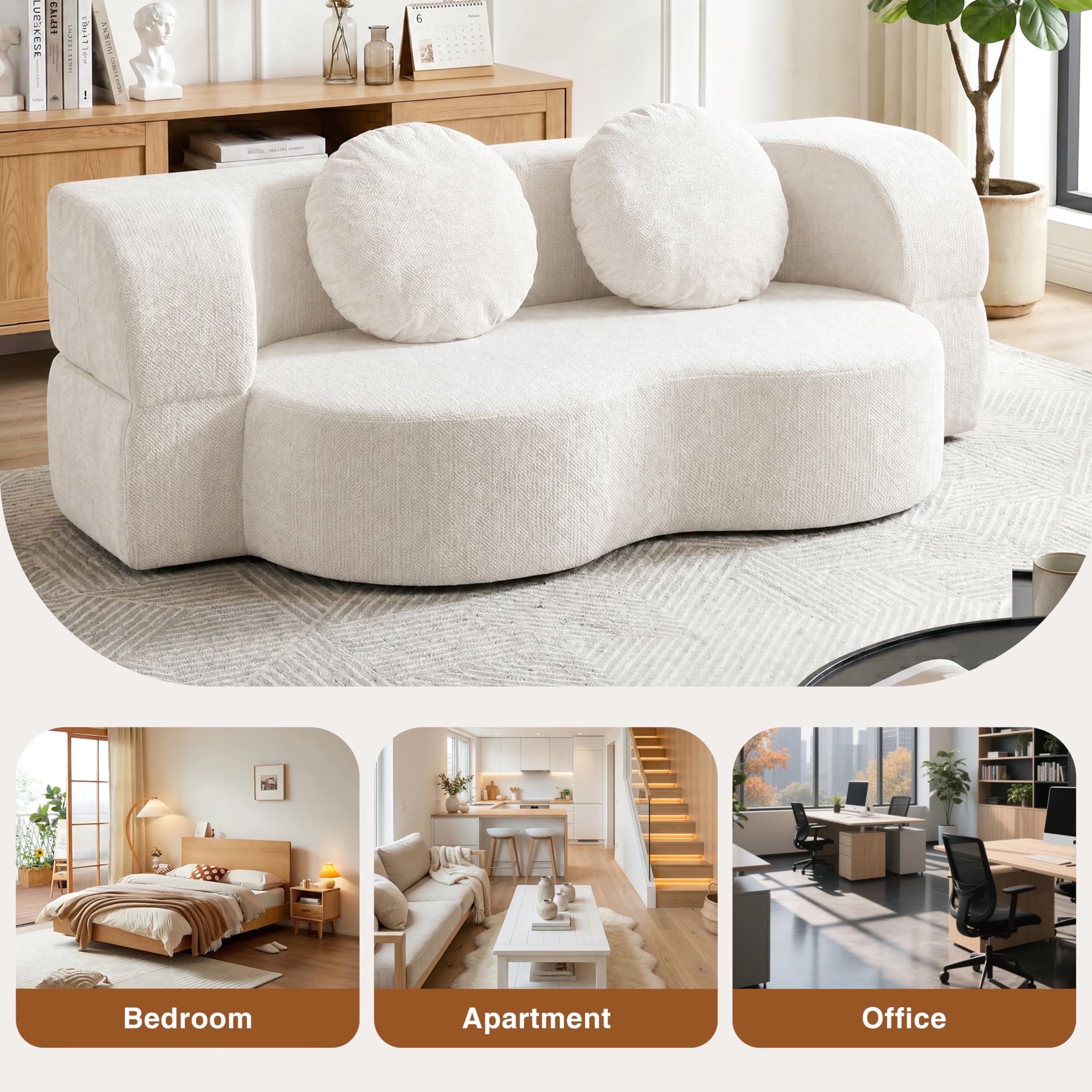 Shintenchi 78" Convertible Sofa Bed, Sleeper Boneless Futon Sofa, White | 2-in-1 Loveseat Floor Couch, Full Size Foldable Guest Bed, with 2 Pillows, Memory Foam, for Living Room Bedroom, No Assembly
