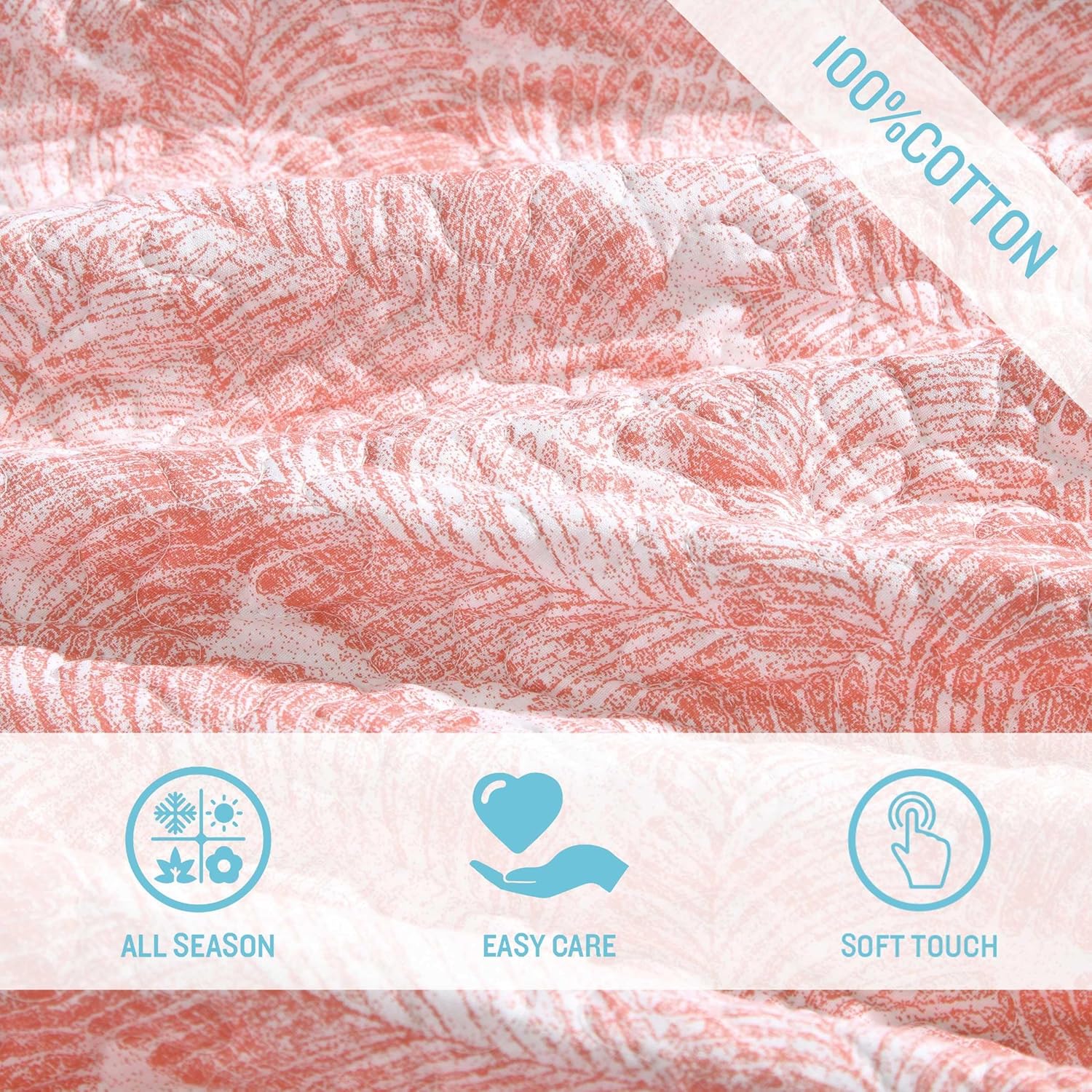 Tommy Bahama - Quilt Set, Super Soft Bedding with Matching Sham, Vibrant Coral Fern Design with Reversible Texture, Premium Home Essentials (Distressed Water Leaves Coral, Twin)