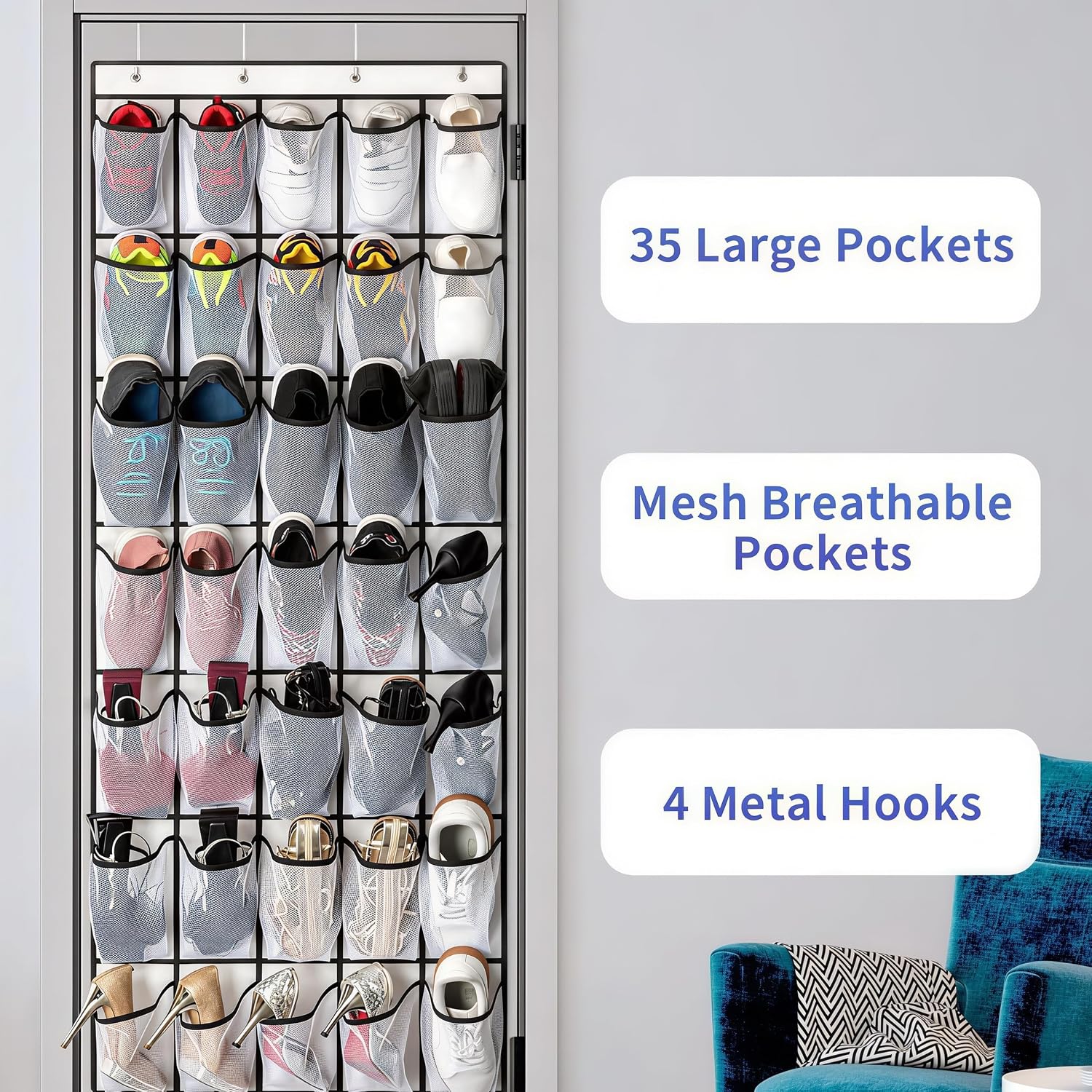 SAVERHO 35 Pockets Over the Door Shoe Organizer, Hanging Shoe Organizer for Door with 35 Mesh Pockets Large Capacity Shoe Hanging Storage Bag with 4 Metal Hooks (White-1Pack)