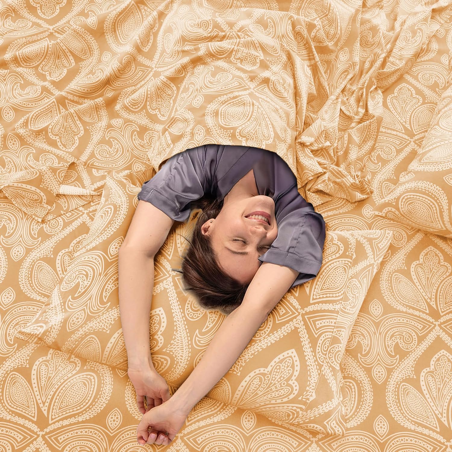 Ultra Soft Wrinkle-Free Microfiber Paisley King Sheet Set, Breathable Boho Bed Sheet Set – 16" Deep Pocket Fitted Sheet, Flat Sheet & 4 Pillowcases, Juegos de Sábanas, OEKO-TEX - Taupe - Image 5