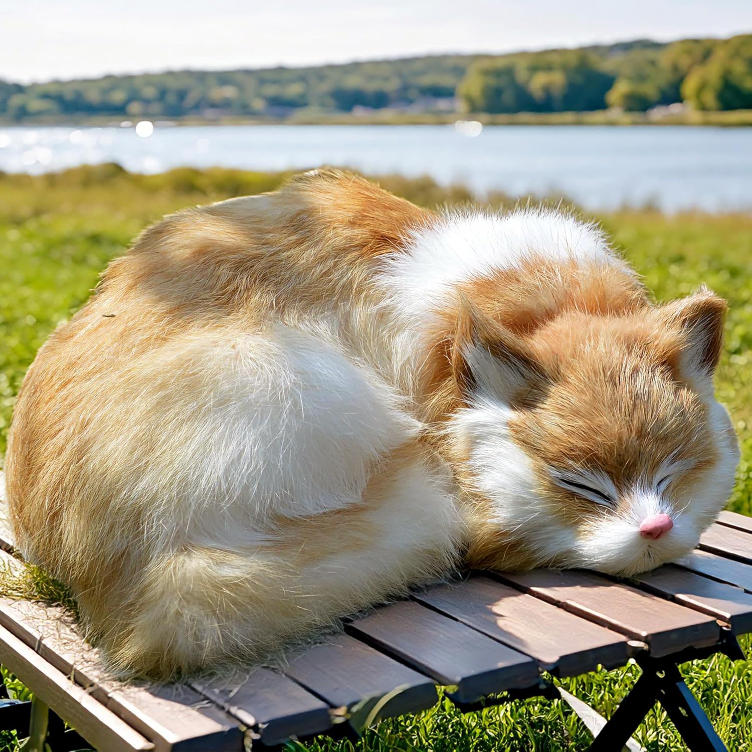 Lifelike Cream & White Sleeping Cat Figurine - Realistic Curled Up Bicolor Kitten Statue, Stuffed Kitten Doughnut Pose Collectible Gift, Home Office Desk Decor