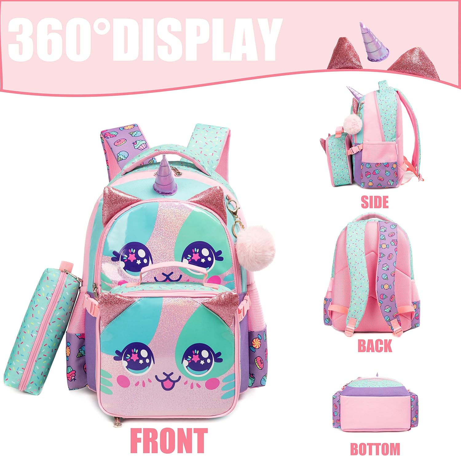 Unicorn Kids Backpacks for Girls School Bag with Lunch Box School Backpack for Girls Set Cute Bookbag for Kindergarten - Image 4