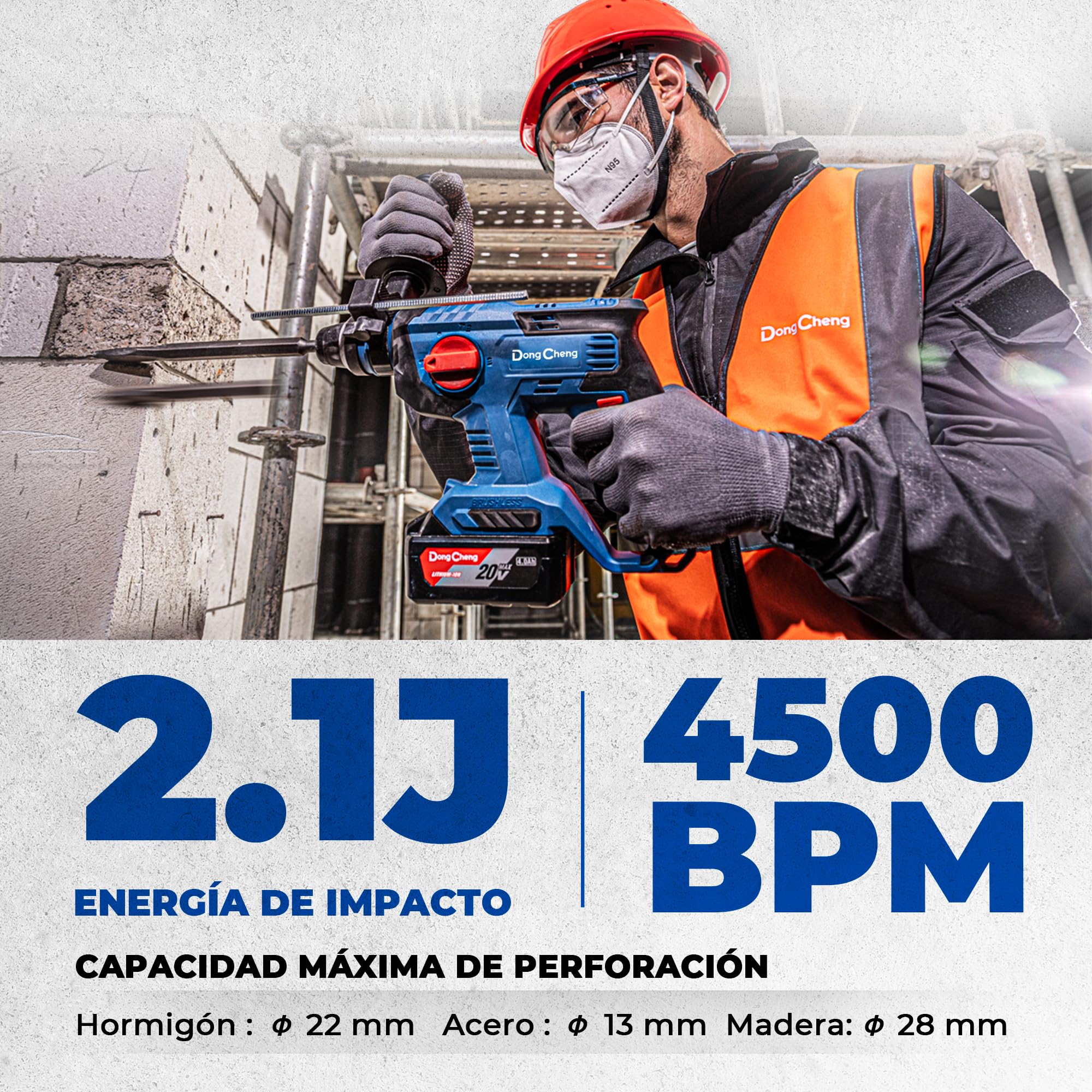 DongCheng Martillo perforador sin cable 18V, energía de impacto 2,1 J, 4 piezas SDS-plus, perforación hasta 28 mm, motor de percusión sin escobillas empuñadura antivibración baterías 4Ah y cargador 2A