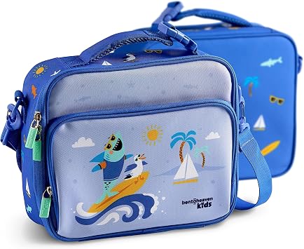 Bentoheaven Insulated Lunch Bag for Kids, Girls & Boys - Large Size Fits Bento Lunch Box, Water Bottle & Snacks - Durable, Easy to Clean, Leakproof - Adjustable Shoulder Strap, Zipper Pockets Blue