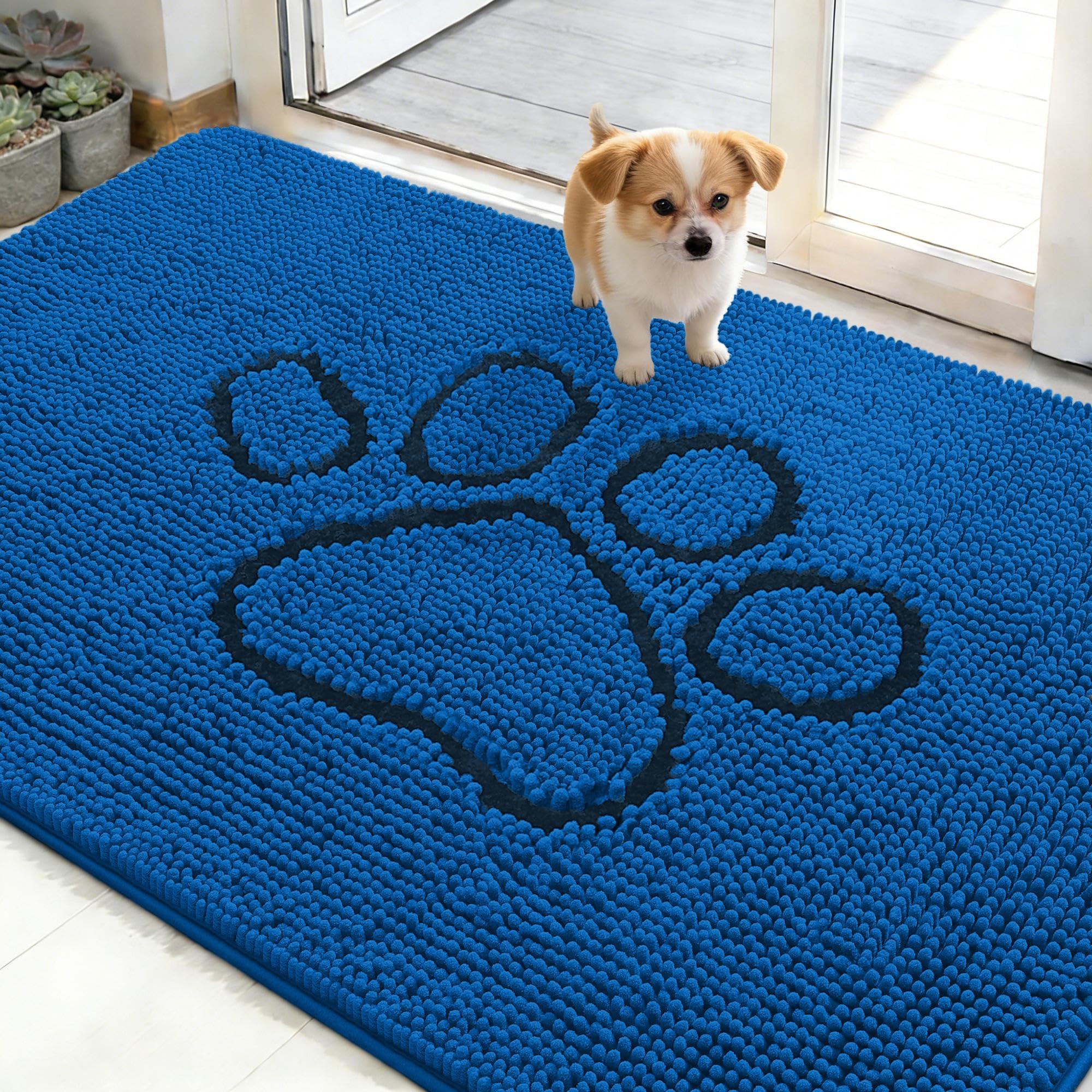OLANLY Dog Door Mat for Muddy Paws 35x16, Paw Print Design Chenille Mud Mat