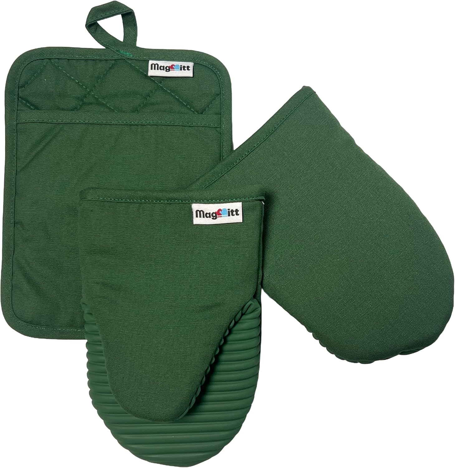 Magnetic Oven Mitts 3 Piece Set with Pot Holder, Ribbed Silicone Grip, Heat Resistant to 500F, Magnetic Storage, Premium Cotton Canvas, Non-Slip for Cooking, Baking & BBQ (Basil Green)