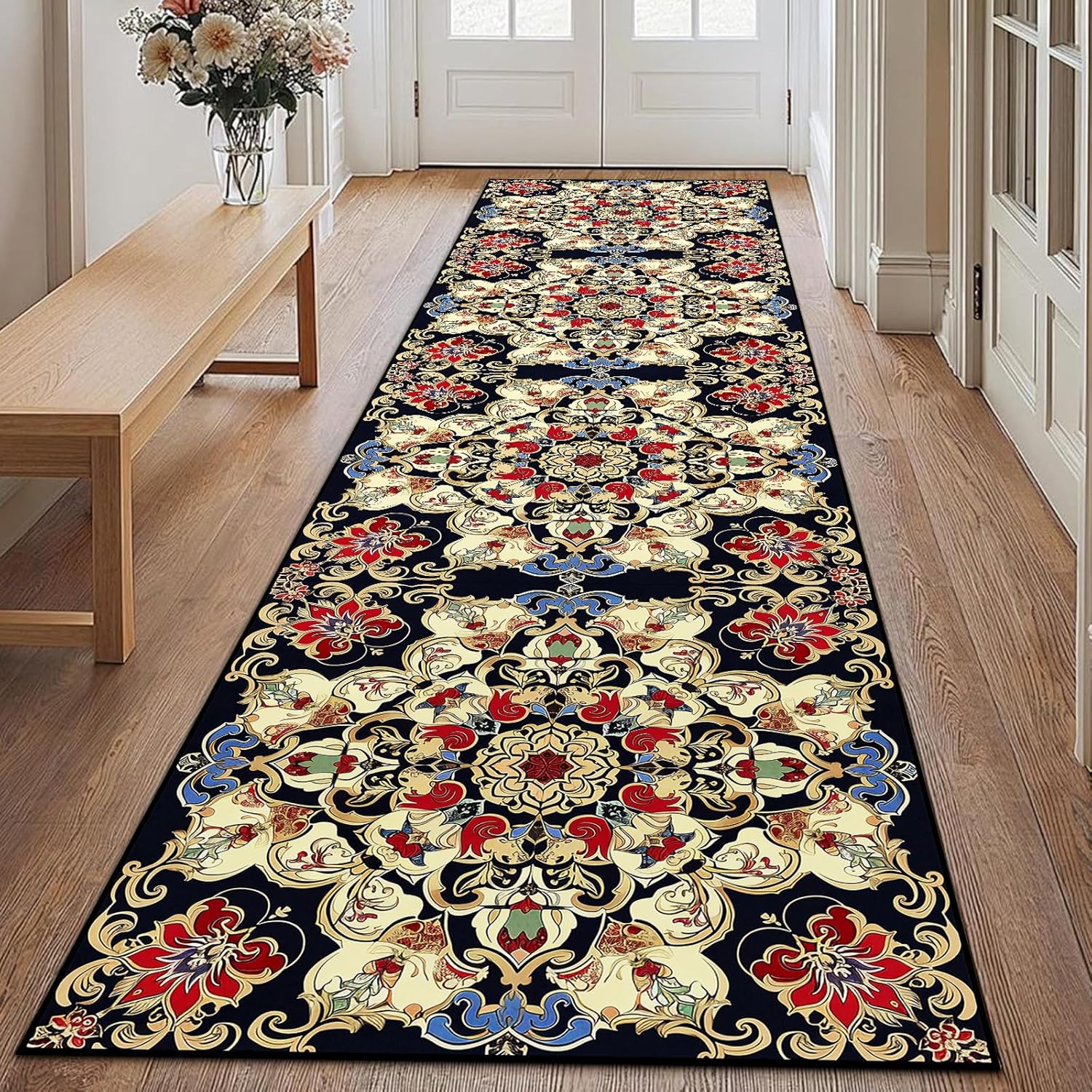 Washable Corridor Runner Rug, Non-Slip Vintage Flower Hallway Rug with Upgrade Rubber Backing, Stain Resistant Faux Wool Distressed Carpet for Bedroom Kitchen Laundry Corridor Balcony (94.5" x 23.6")