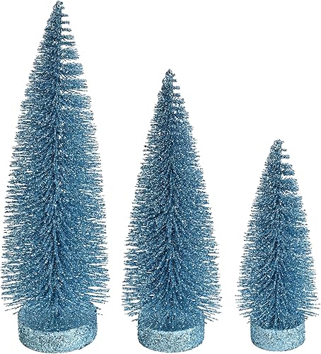 Vickerman Árbol de Navidad artificial de pino ovalado con purpurina azul bebé de 7 a 9 a 11 pulgadas, juego de 3 unidades, juego de árbol de Navidad