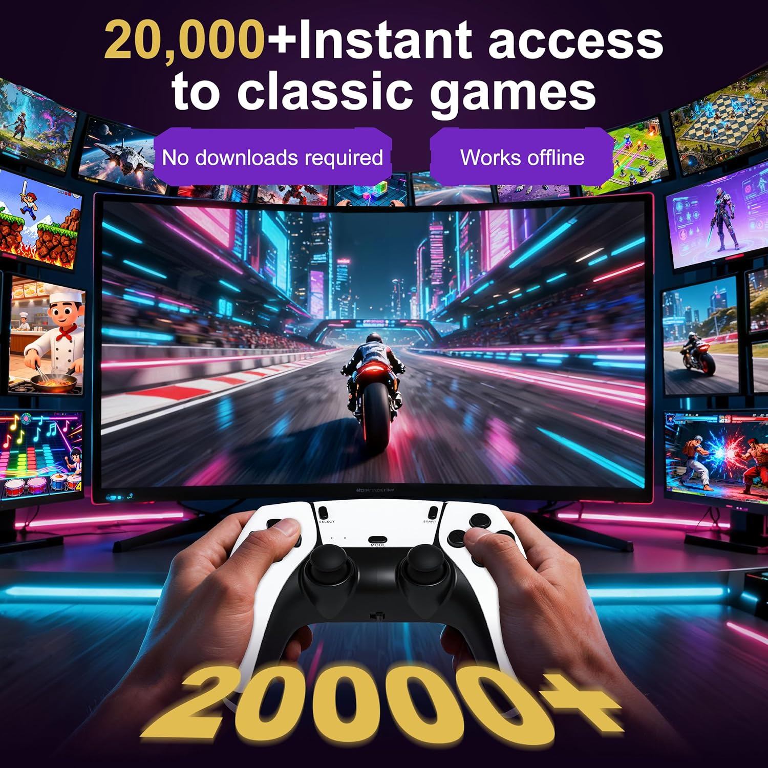 2026 Upgraded Retro Gaming Console with 20k+ Classic Games & 23 Emulators, 4K HDMI Plug & Play Game Stick for TV, Includes Dual 2.4G Wireless Controllers & Skin Stickers (64GB)