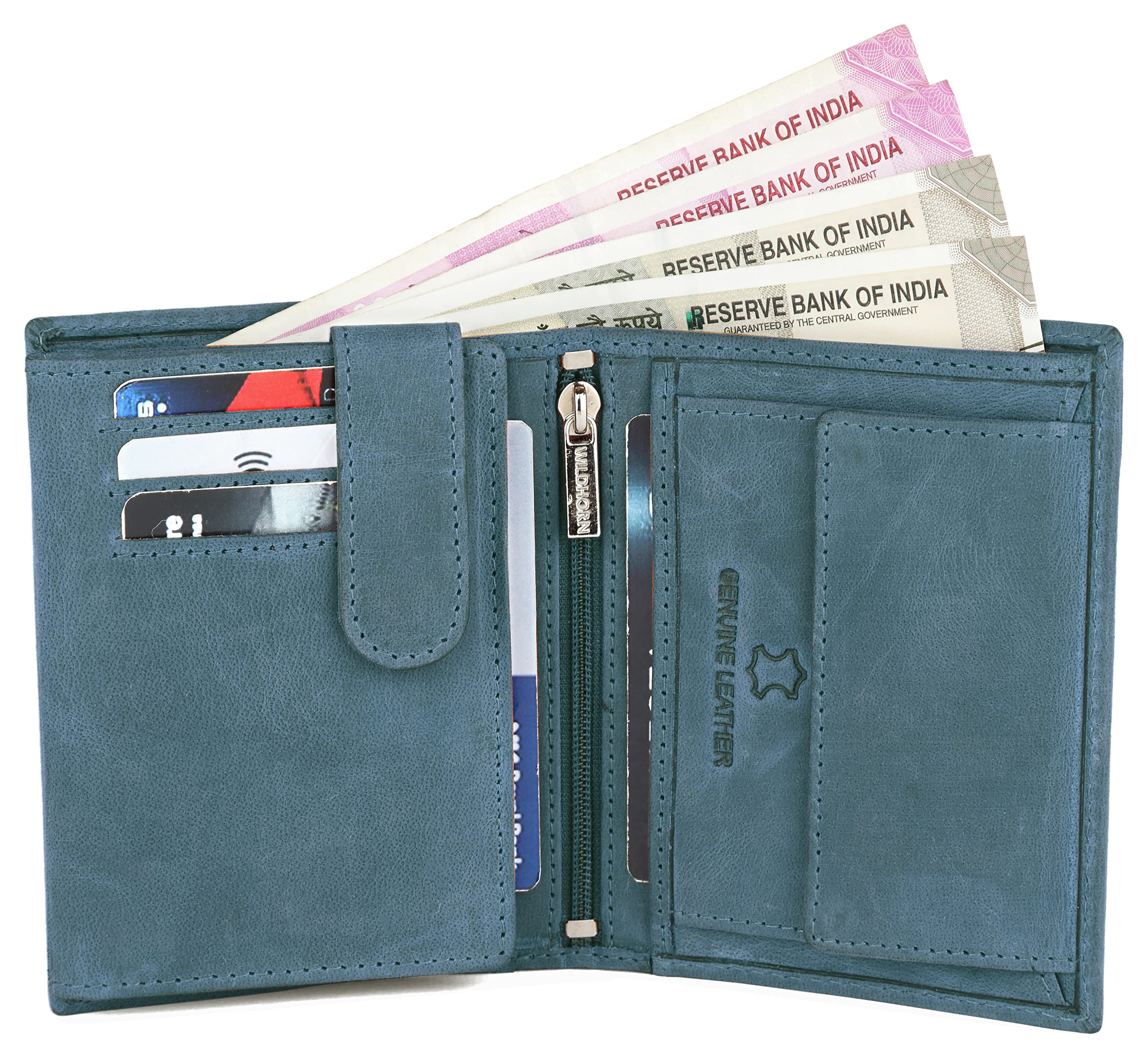 WILDHORN Top Grain Portrait Leather Wallet for Men | Ultra Strong Stitching | Handcrafted | RFID Blocking | 2 ID Slots | 11 Card Slots | Zip Compartment, Blue Hunter, Classic