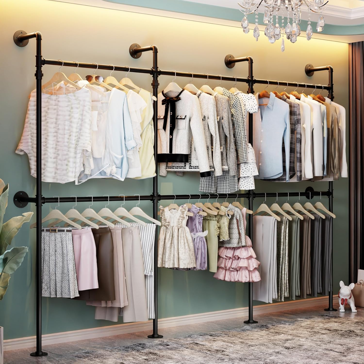 Industrial Pipe Wall-Mounted Clothing Rack,106.3" Heavy-Duty Closet System in Black Powder-Coated Steel,Storage Shelving for Walk-In Closets