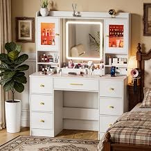 LAKEMID White Vanity Desk with LED Lighted Mirror &RGB Cabinet Lights, Makeup Vanity Table with 7 Drawers, 2 Shelves, Charging Station, Hair Dryer Holder,Vanity Table, Vanity for Bedroom