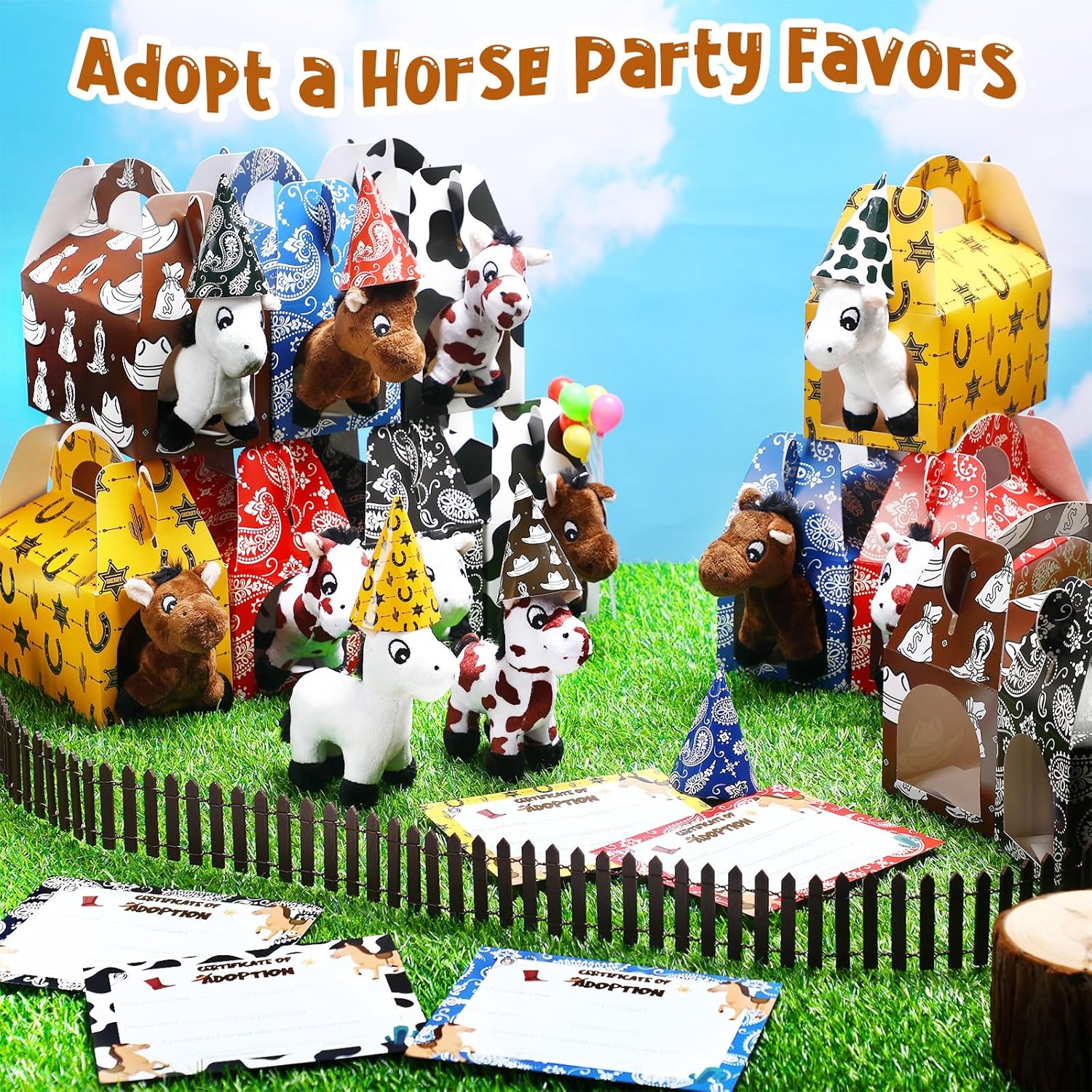 48 Pcs Adopt a Horse Party Favors Include 24 Mini Horse Stuffed Animals 24 Foldable Paper Boxes 24 Adoption Cards 24 Hats for Adopt a Pet Farm Western Party Favor Supplies (Design)