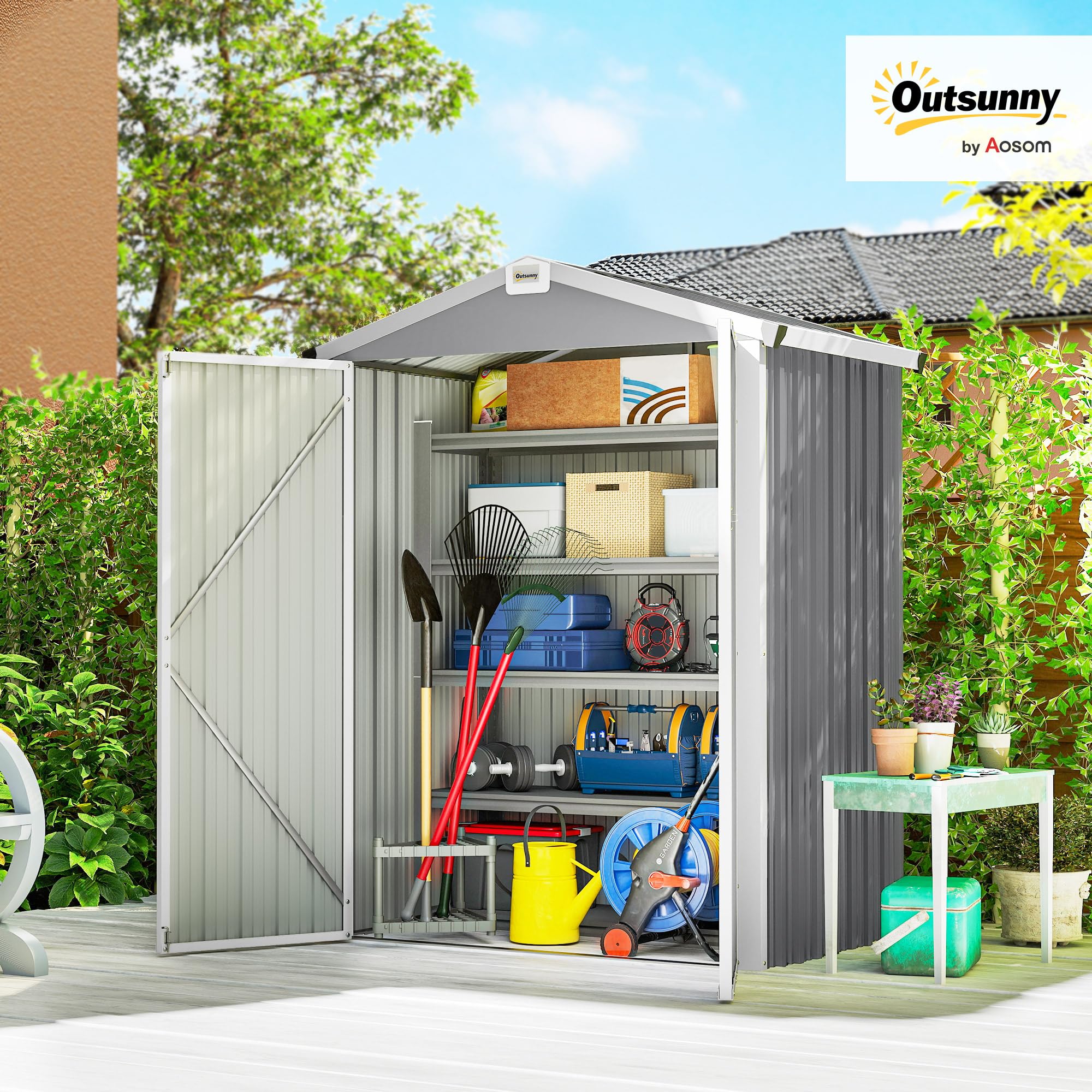 Outsunny Caseta de Jardín Exterior 1,1 m², 133x87x178 cm, Cobertizo Metálico con Puertas Abatibles Dobles, Techo a Dos Aguas y Guantes, Almacenaje de Herramientas y Bicicletas, Gris