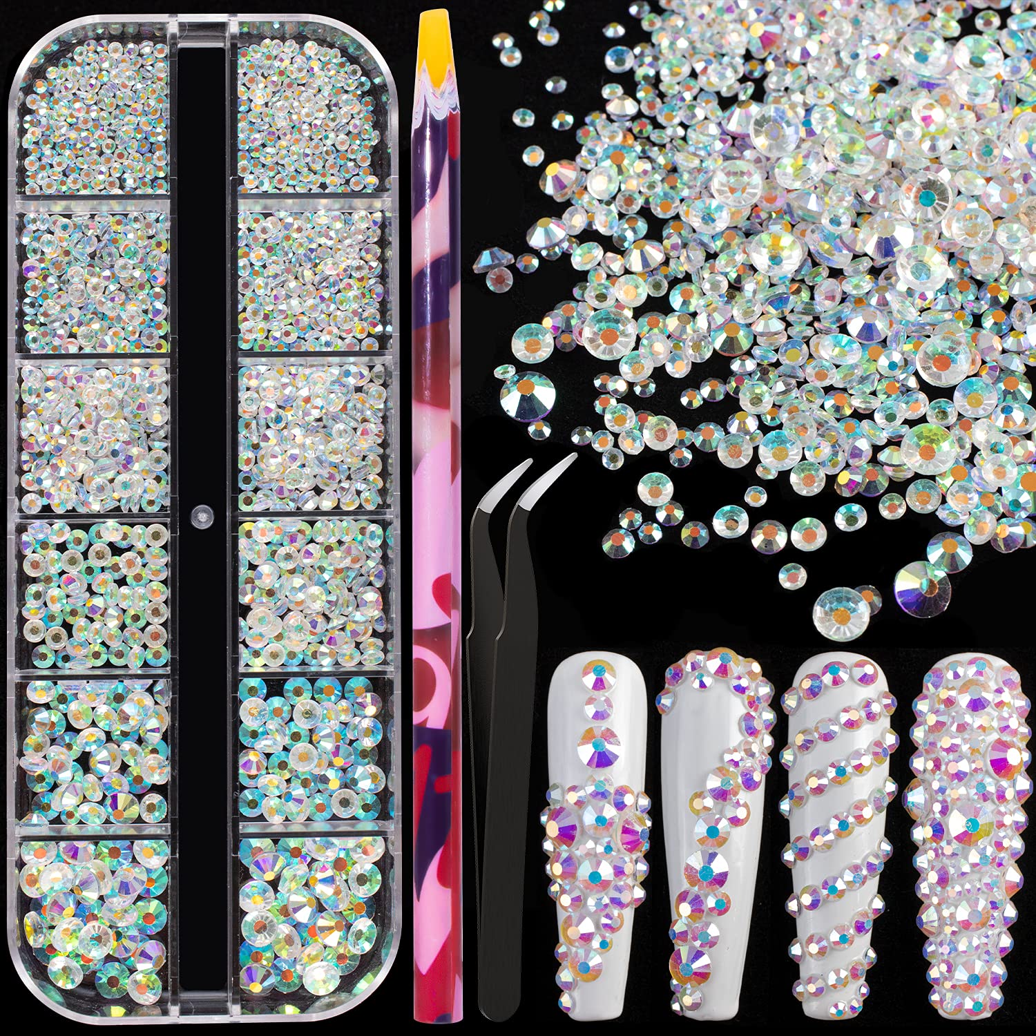 6 Sizes Transparent AB Glass Crystal Kit with Pickup Pen + Tweezer Tools for Iridescent Shine Nail Art Manicure Makeup DIY Decoration Flatback Round Swarovski Bead Rhinestone Gem Jewelry Diamond