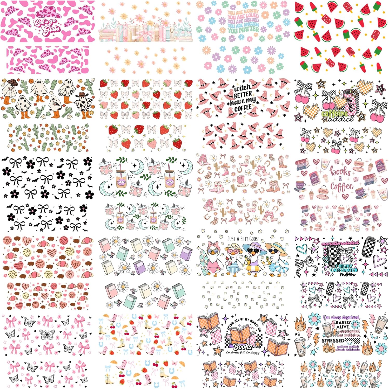 42pcs Daisy Goose Strawberry MINI Tumbler Keychain UV DTF Wraps Bow Bat Skeleton Sunflower uvdtf Stickers for Key Pendant Cowgirl Rugby Mushroom UVDTF Transfer Stickers Ghosts Watermelon
