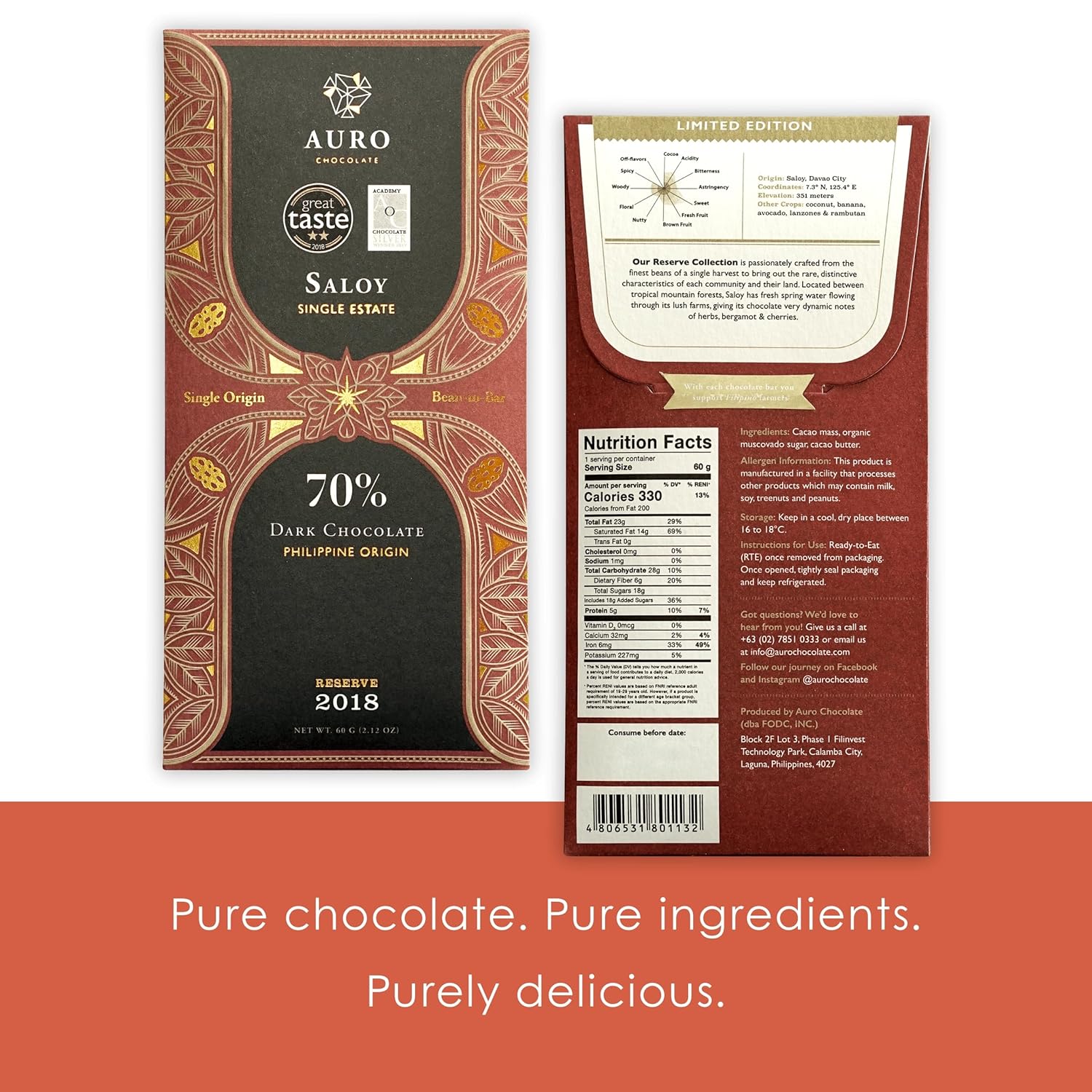 Auro Reserve Saloy 70% Dark Chocolate 3 Pack - Filipino Chocolate - Premium, Made At Origin, Direct Trade, Bean-to-Bar, Woman Owned, BIPOC Owned - Vegan, Gluten-Free - Bundle