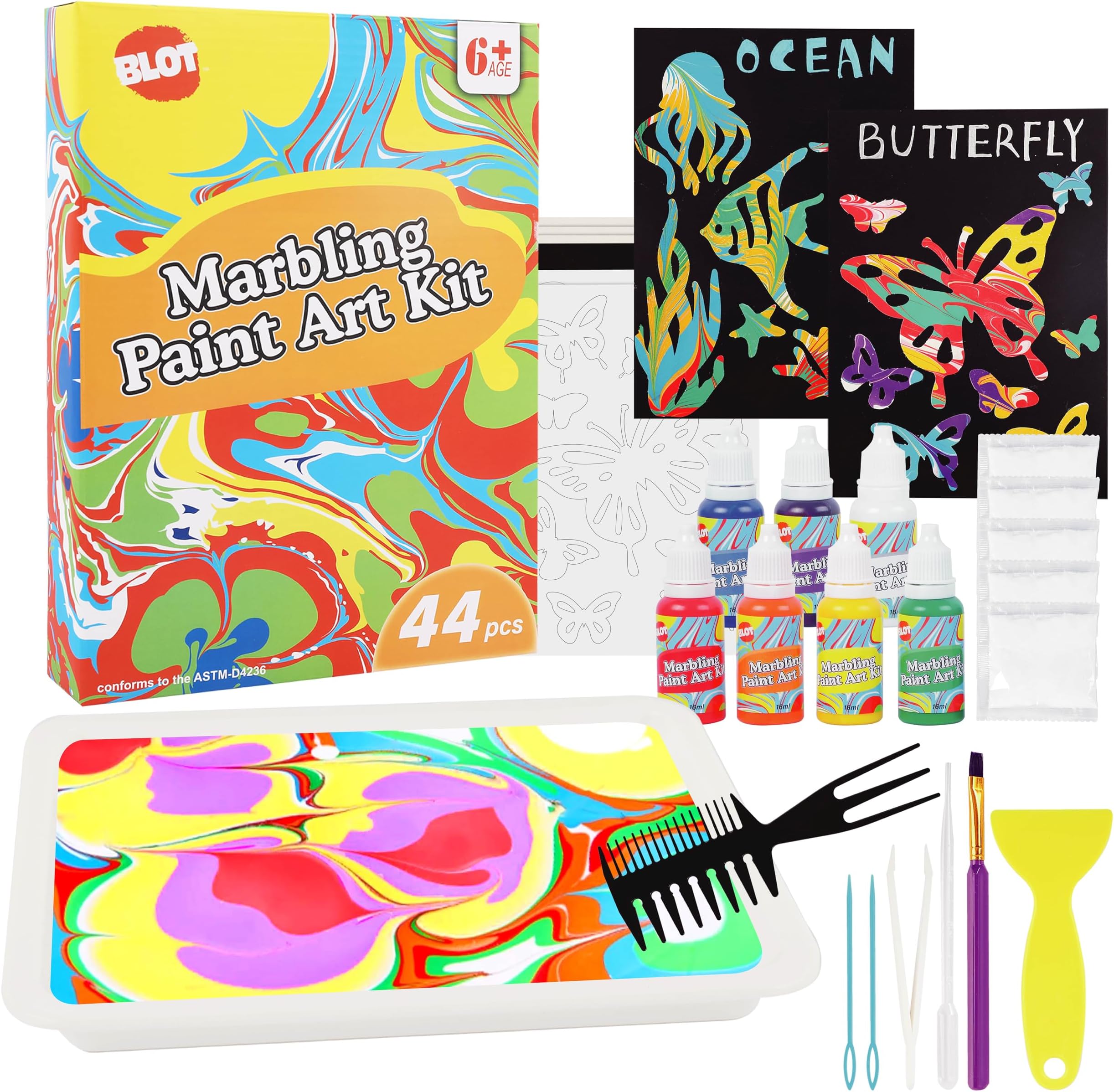 Water Marbling Paint Kit for Kids 7 Colors Arts and Crafts for Girls Boys Water Marbling Crafts Kits Art Supplies Creative Toys Ideal Gifts for Kids Age 6+