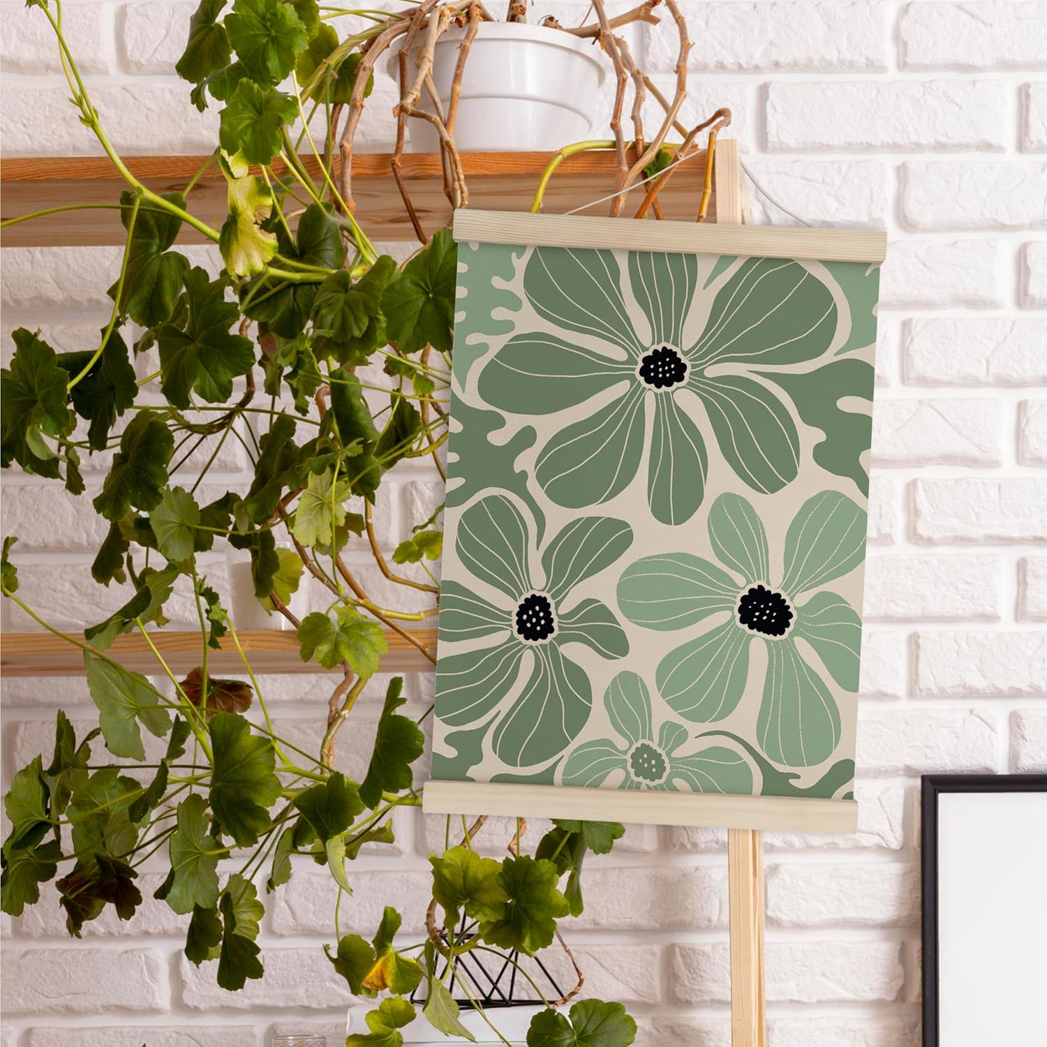 HRQKO Boho Sage Green Flowers Wall Art Hanger Frame Set of 2, Preppy Room Botanical Poster Wall Art with Wooden Frames, Boho Floral Wall Hanging Decor for Girls Dorm Bedroom, 12x16 Inch