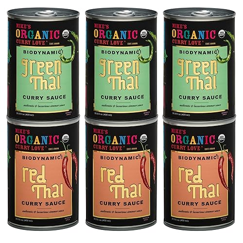 Caja variada de salsa de curry tailandés verde y rojo biodinámico y orgánico caja de 6 latas de 13.5 onzas líquidas (3 rojas, 3 verdes)