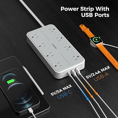 Miniatura 4 de TESSAN - Protector de sobretensiones de 10 pies, cable de extensión de enchufe plano TESSAN con 8 tomas, 3 puertos USB (1 USB C), estación de carga