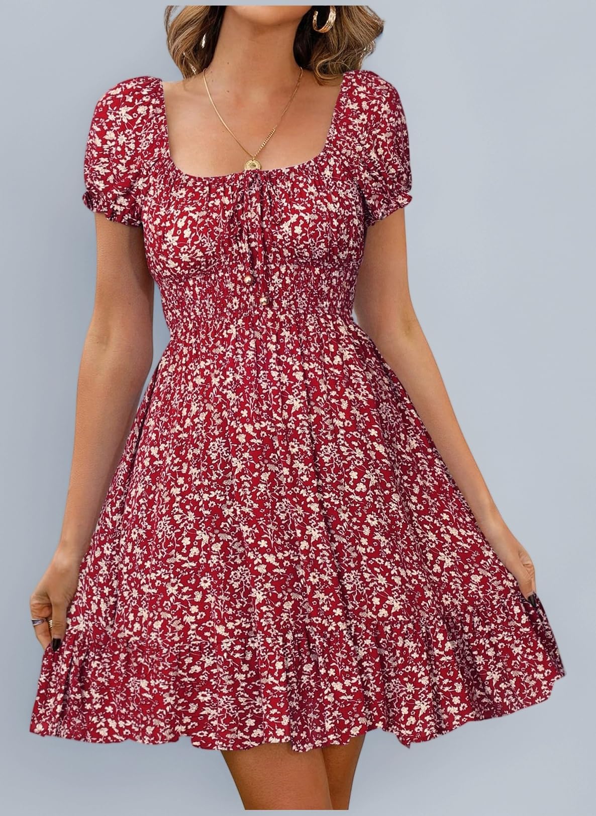 Womens Summer Casual Sweetheart Neckline Puff Sleeve Floral Print High Waist Dress Boho Beach Mini Short Dresses