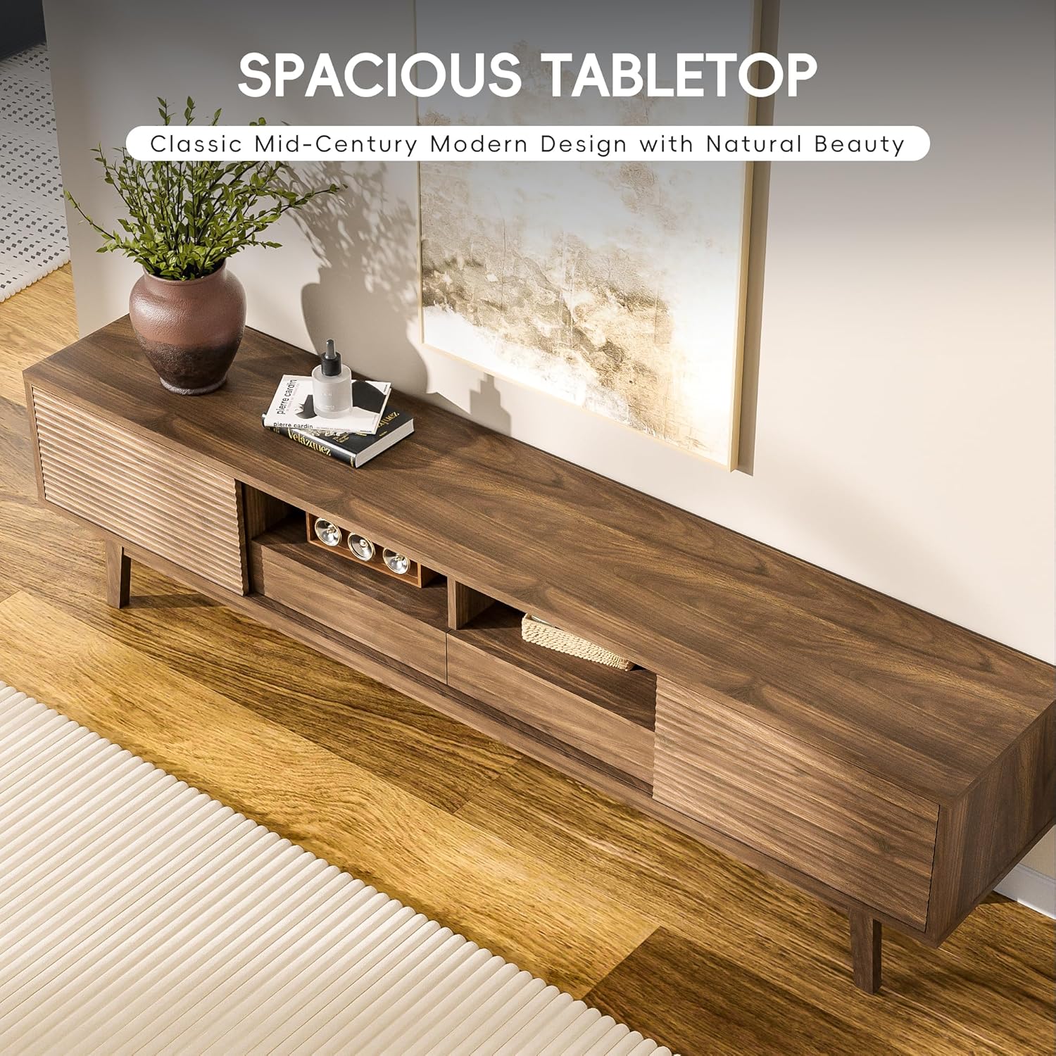 MU 70 Inch TV Stand for TVs up to 80 Inch, Mid Century Modern TV Console with Fluted Sliding Doors, Shelves & Drawers, Low Profile Entertainment Center for Living Room (Walnut, 70") - Image 4