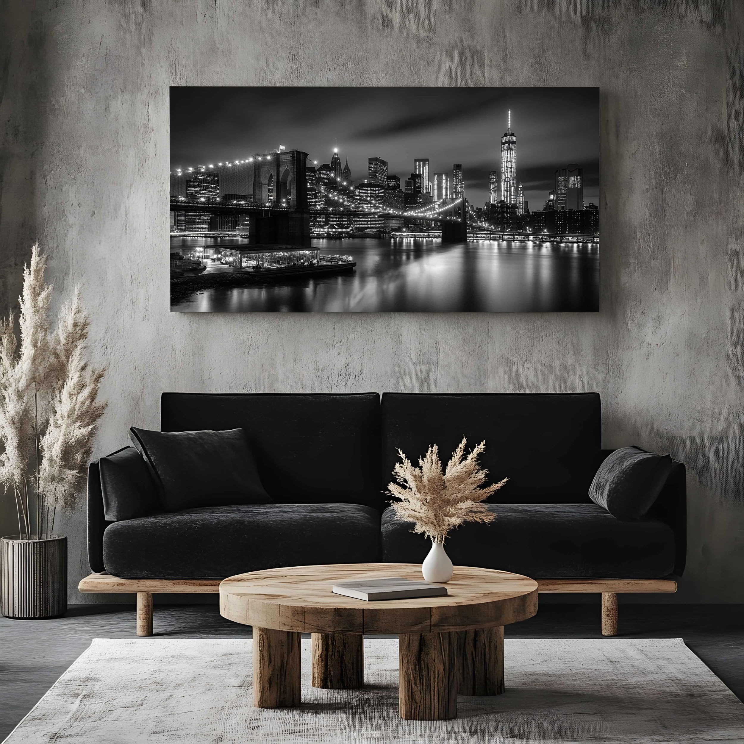 ZORYAN Quadro su Tela Paesaggio Urbano Città Senza Cornice 50x100 cm | Pittura Moderna per Salotto e Soggiorno Architettura Edificio Decorazioni da Parete Grandi Dimensioni Notte in Bianco e Nero