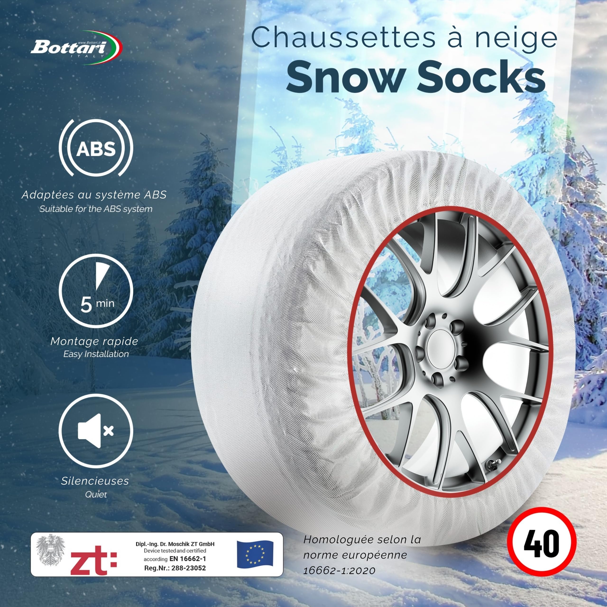 Bottari Chaussettes de neige, chaussettes de neige approuvées pour l'Italie, tailles S à XXL