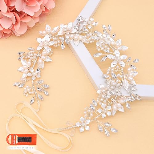 Miniatura 10 de Oriamour Diadema de boda para novia, diseño de flores, con perlas y cintas de agua dulce genuinas, accesorios para el cabello para novia (oro rosa)