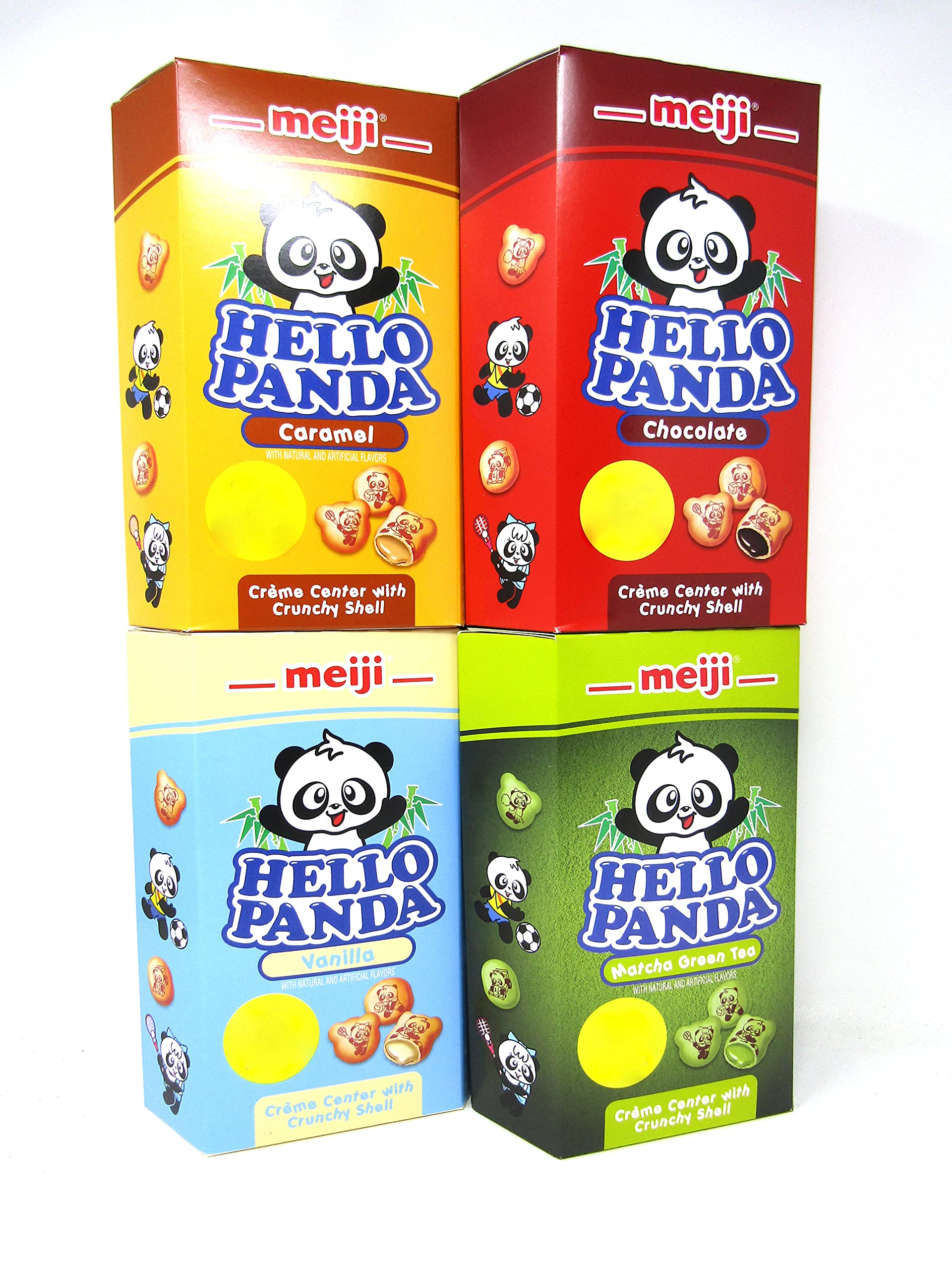 Meiji Hello Panda Biscuits 4 Variety Sampler Set Great for Travel Pack or Gift | Vanilla | Chocolate | Matcha Green Tea | Caramel | 8 Count