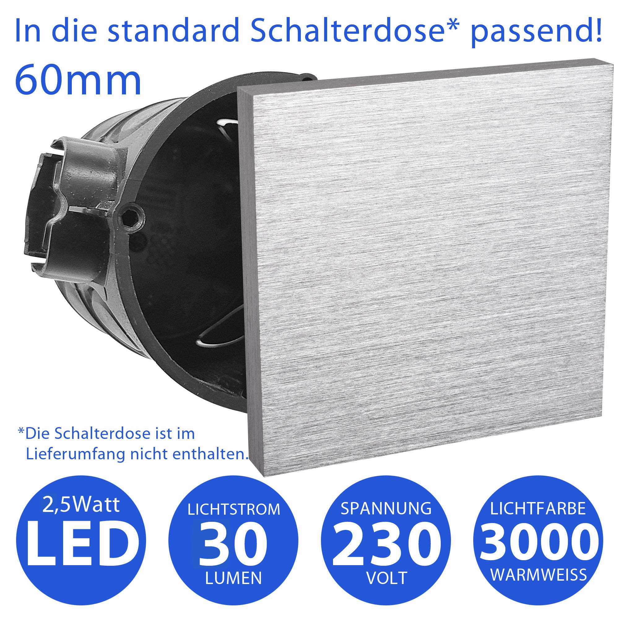 max K O M F O R T LED Treppenbeleuchtung 6190S Aluminium 90x90x40 mm 2,5 Watt Stufenlicht Wandleuchte unterputz Treppenbeleuchtung