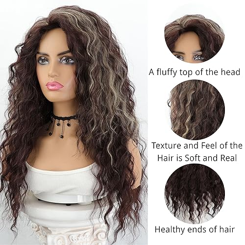Miniatura 3 de Fencca Pelucas largas rizadas de color marrón oscuro con reflejos rubios para mujer, peluca sintética de calor, peluca marrón suelta, rizos, parte