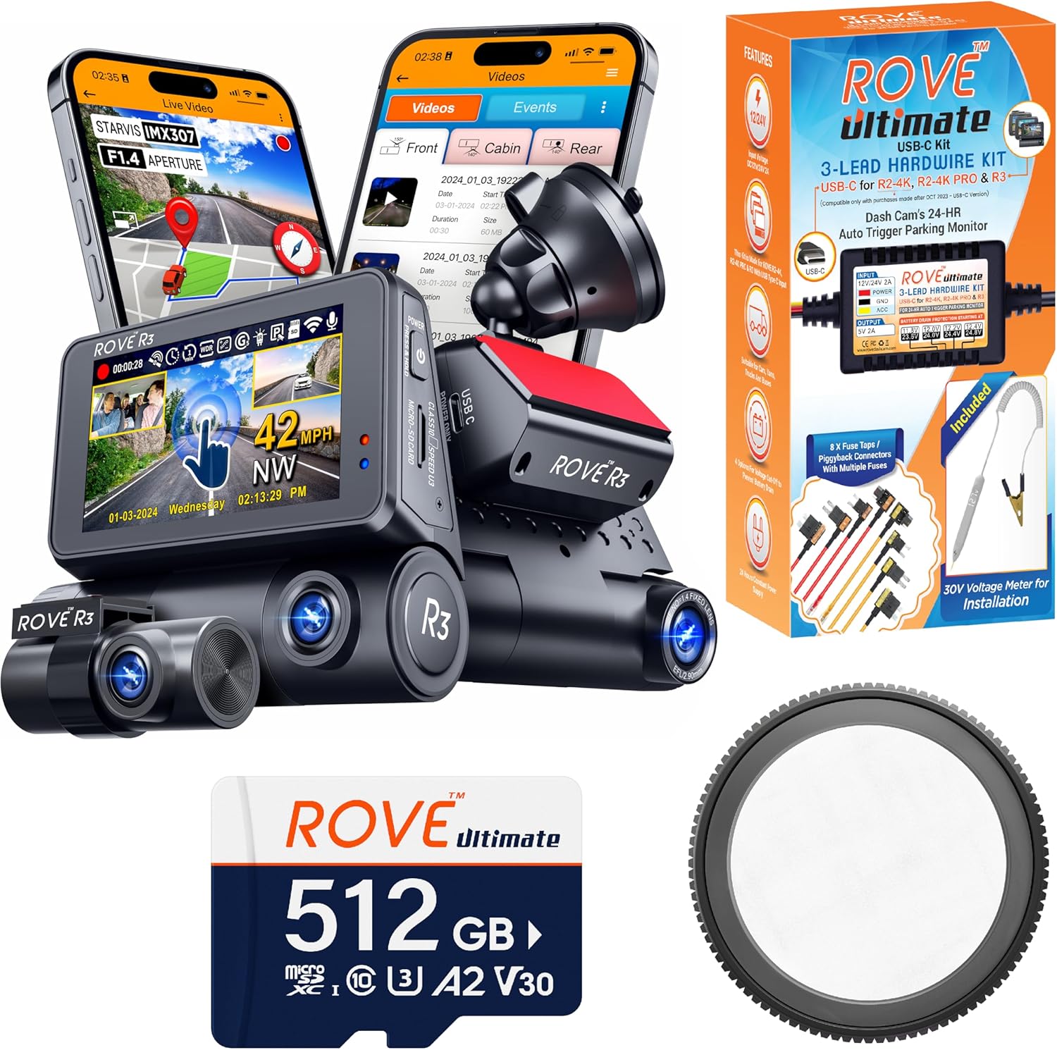 ROVE R3 Dash Cam | Hardwire Kit | 512GB Micro SD Card | CPL Filter