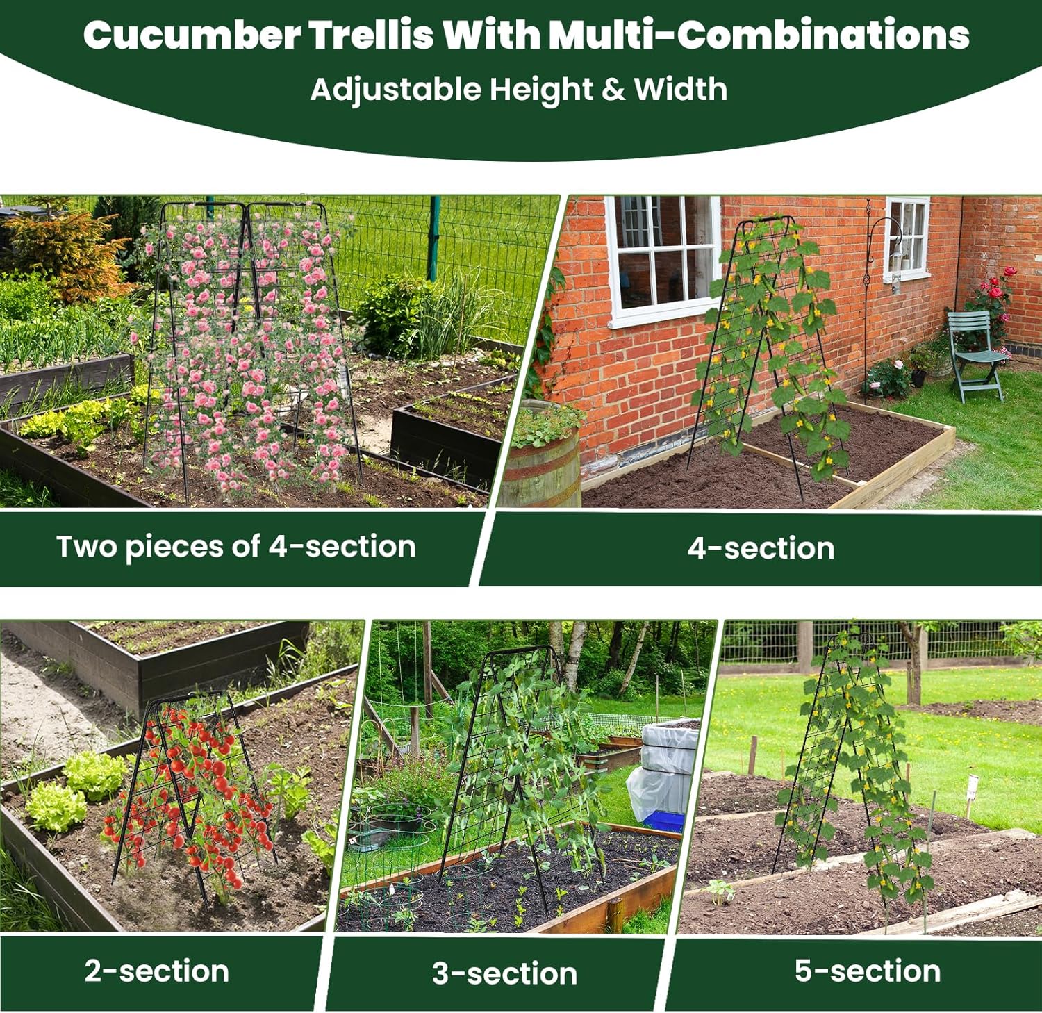 A-Frame Cucumber Trellis for Raised Bed, 50"x 16" Adjustable Heavy Duty Metal Garden Trellis for Climbing Plants Outdoor, Plant Support for Tomatoes Pea Bean Grape Vining Vegetables (2 Pack)