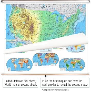 US & World Advanced Physical Classroom Pull Down Map Set by BrightWay Educational | Classroom Maps for Grades 9+ | Colorful Elevation Ramps | Detailed Geography with Major & Secondary Cities | Geographical & Ocean Features