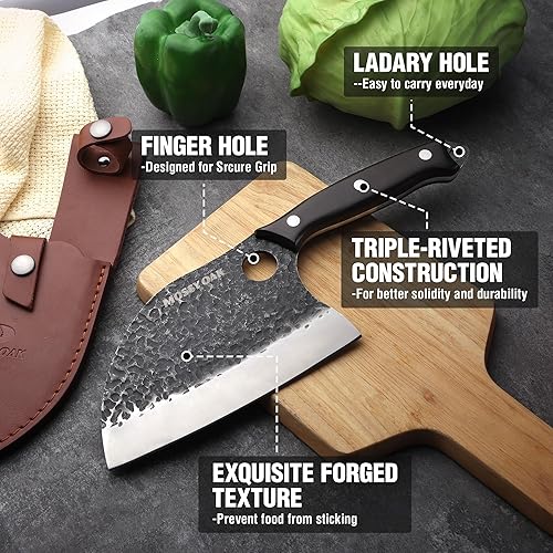 Miniatura 7 de Mossy Oak Cuchillo de chef serbio, cuchillo de carnicero con funda de cuero auténtico, forjado a mano, mango de espiga completa, cuchillo de