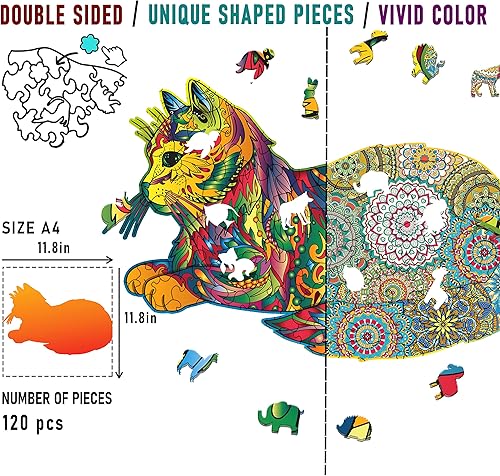 Miniatura 3 de WIICOLORIIK Rompecabezas de gato de doble cara 2 en 1  Rompecabezas de madera para adultos  Rompecabezas de madera con forma de animal  Piezas