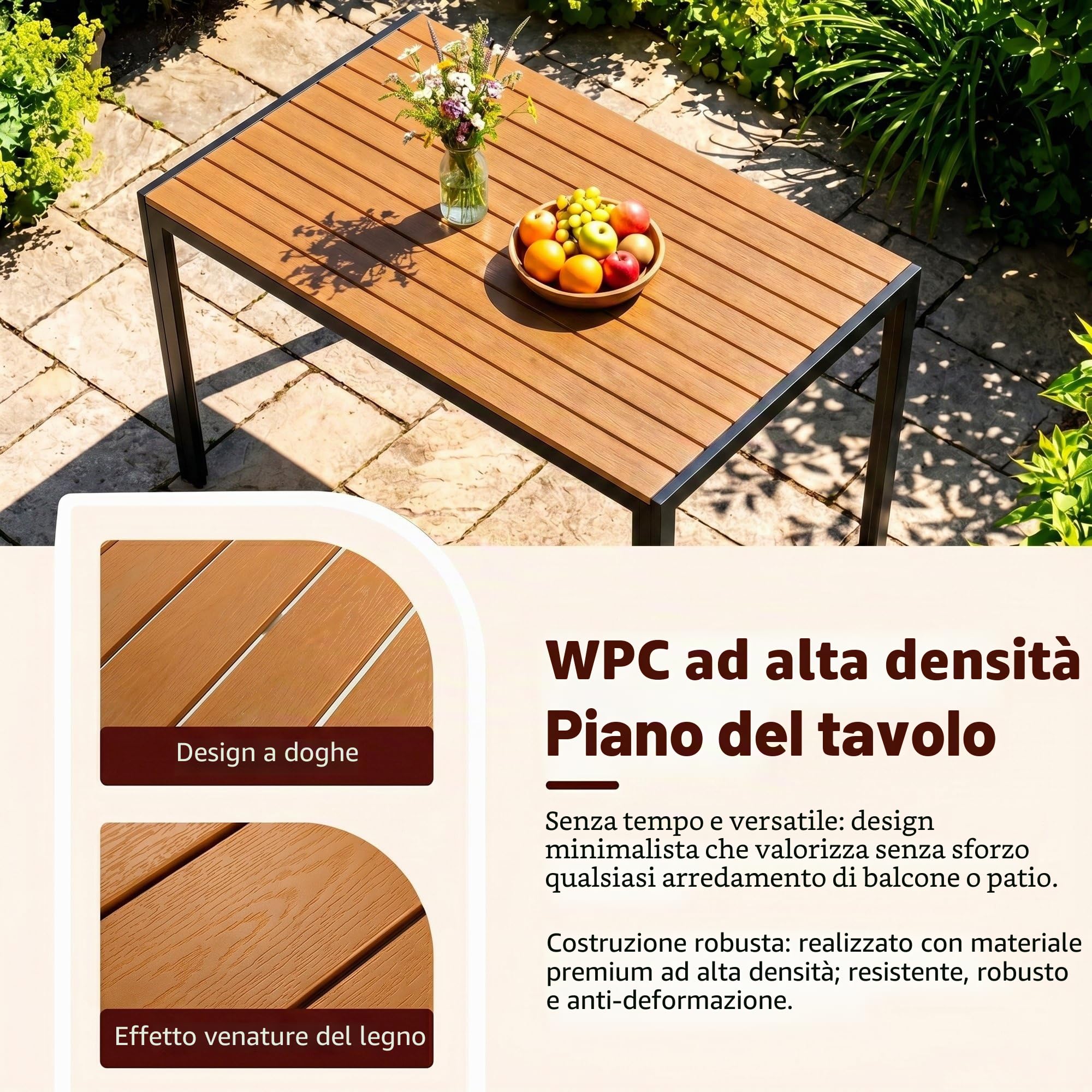 LIFERUN Tavolo da Giardino Moderno in WPC 110 x 70 cm, Tavolo da Pranzo per Esterno per 4-6 Persone, Tavolo da Balcone Salvaspazio in Alluminio, Design Effetto Legno,Marrone Teak
