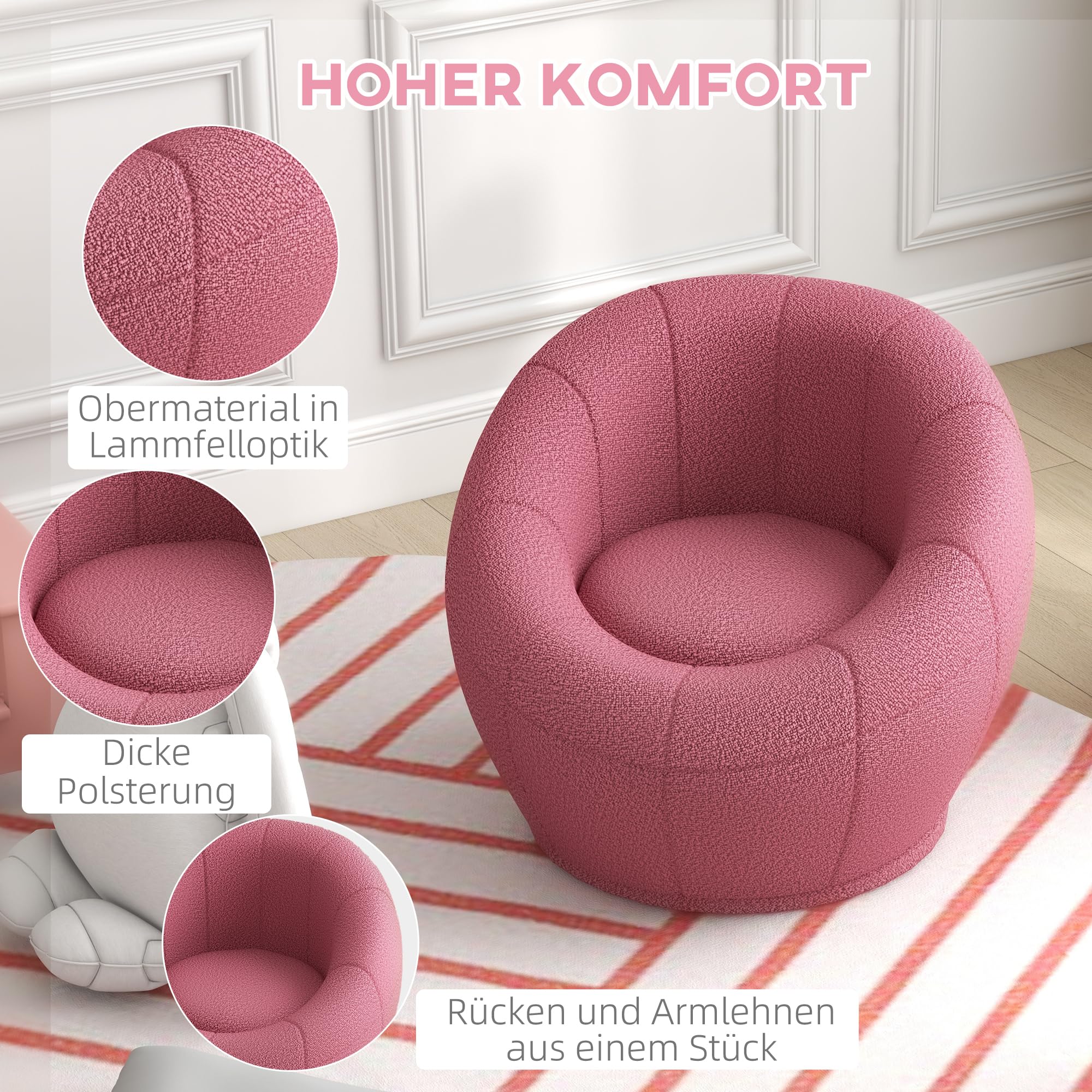 HOMCOM Sessel, Ohrensessel mit Armlehnen, drehbarer Loungesessel, Einzelsofa mit Lammwolle-Optik, Kleiner Polstersessel für Wohnzimmer, Schlafzimmer, Rosa