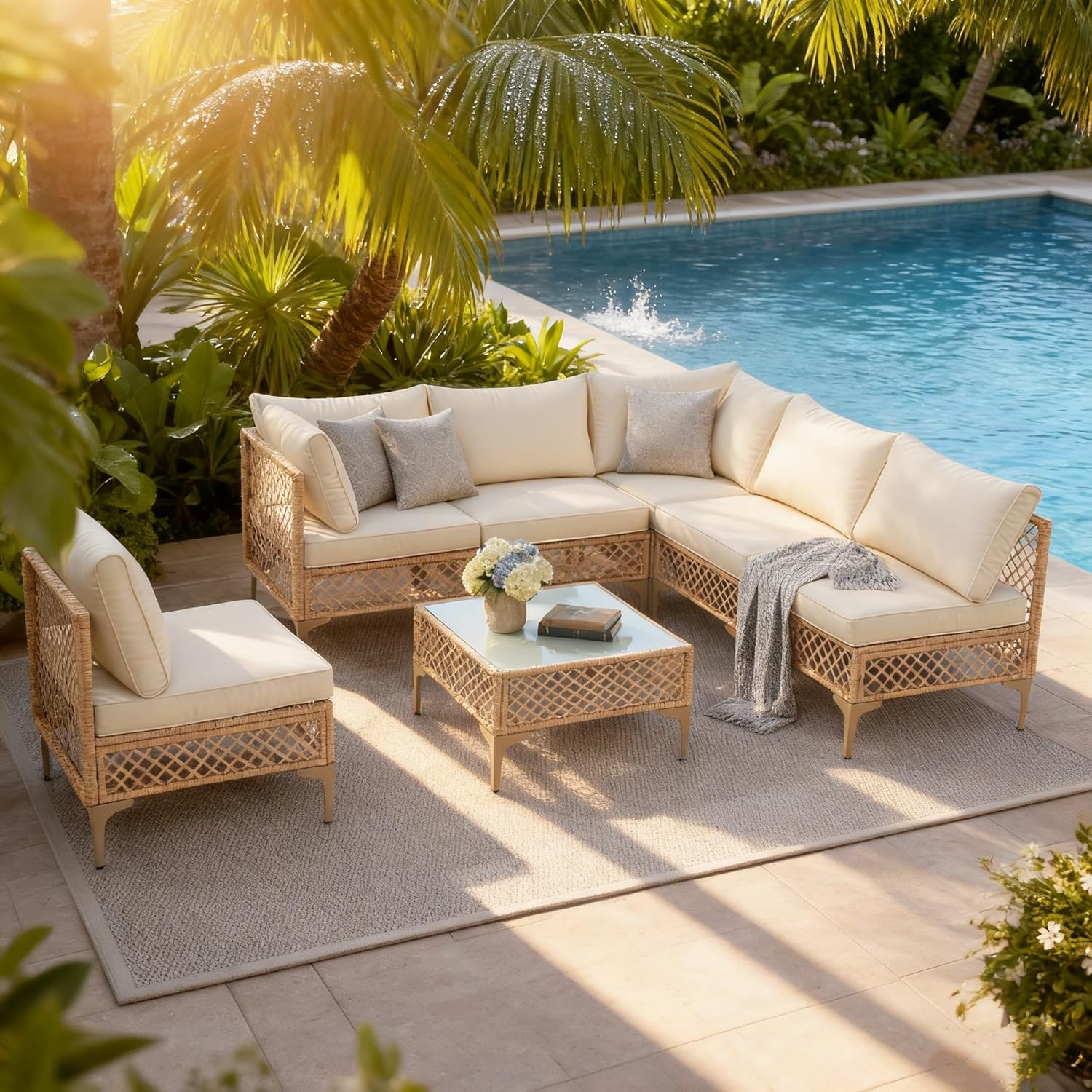 7 Piece Patio Furniture Set, Outdoor Wicker Sectional Sofa Conversation Set with Water Resistant Thick Cushions & Tempered Glass Coffee Table for Backyard, Porch, Boho Style, Natural/Beige