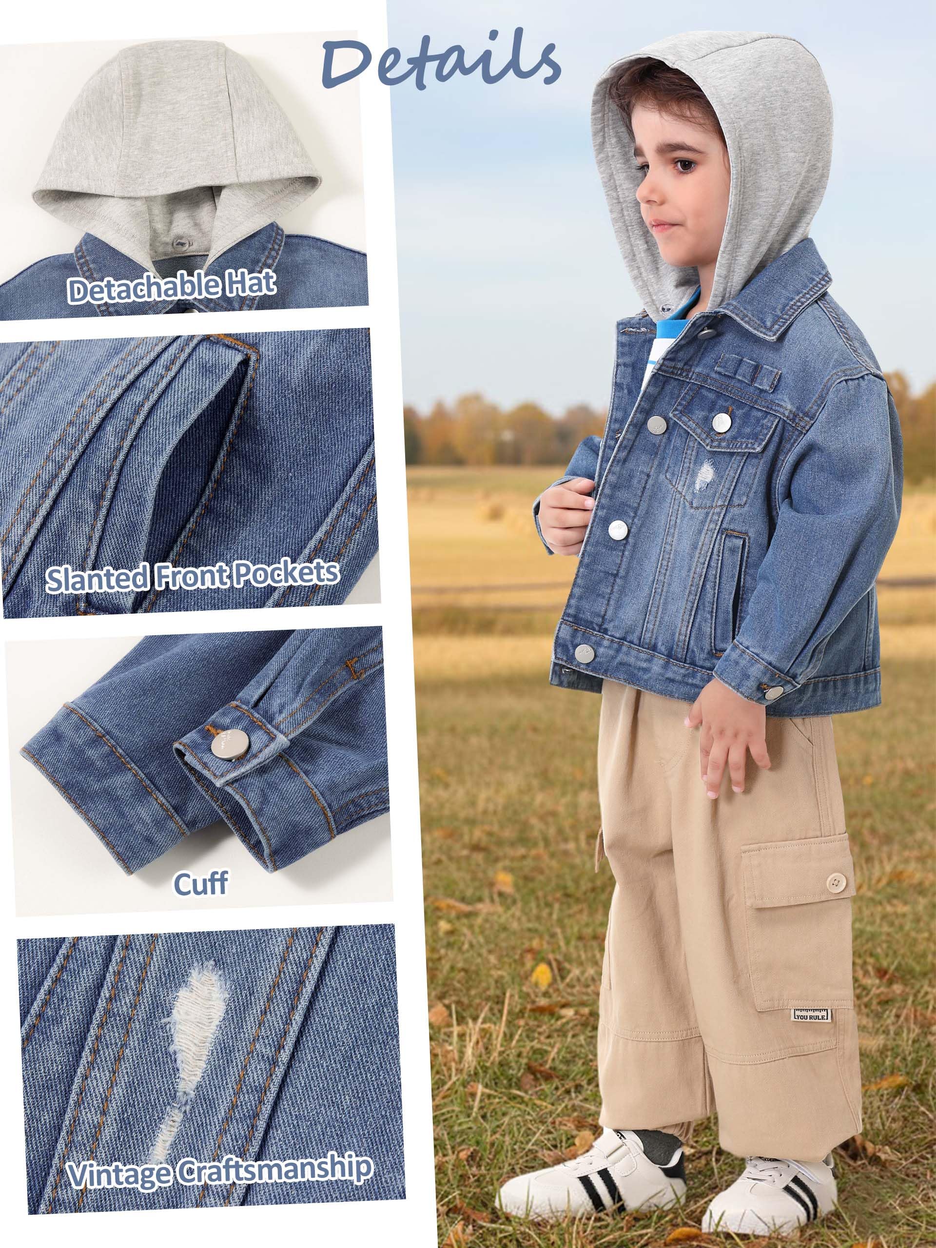 Volunboy Giacca Jeans per Bambini con Cappuccio Amovibile - Blu Giubbotto Primavera Autunno 2-8 Anni